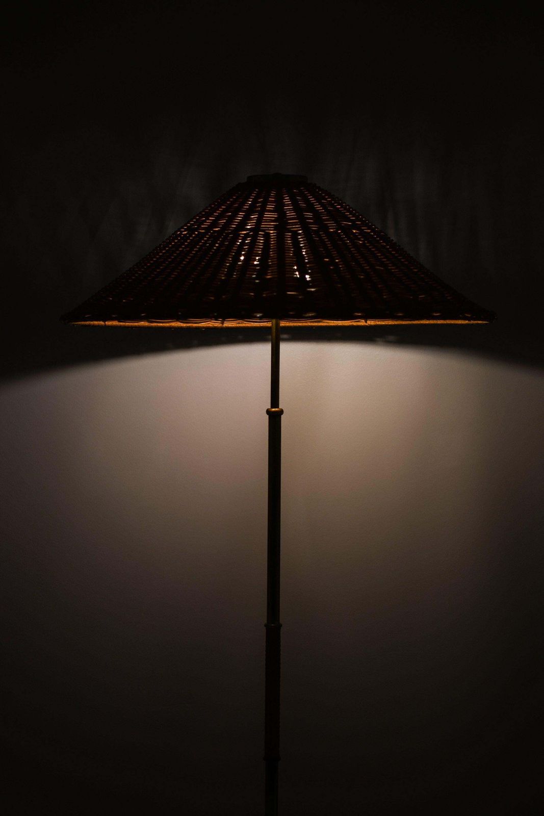 Height Adjustable Floor Lamp In Brass, Woven Cane And Rattan Shade, 1940's photo vintage