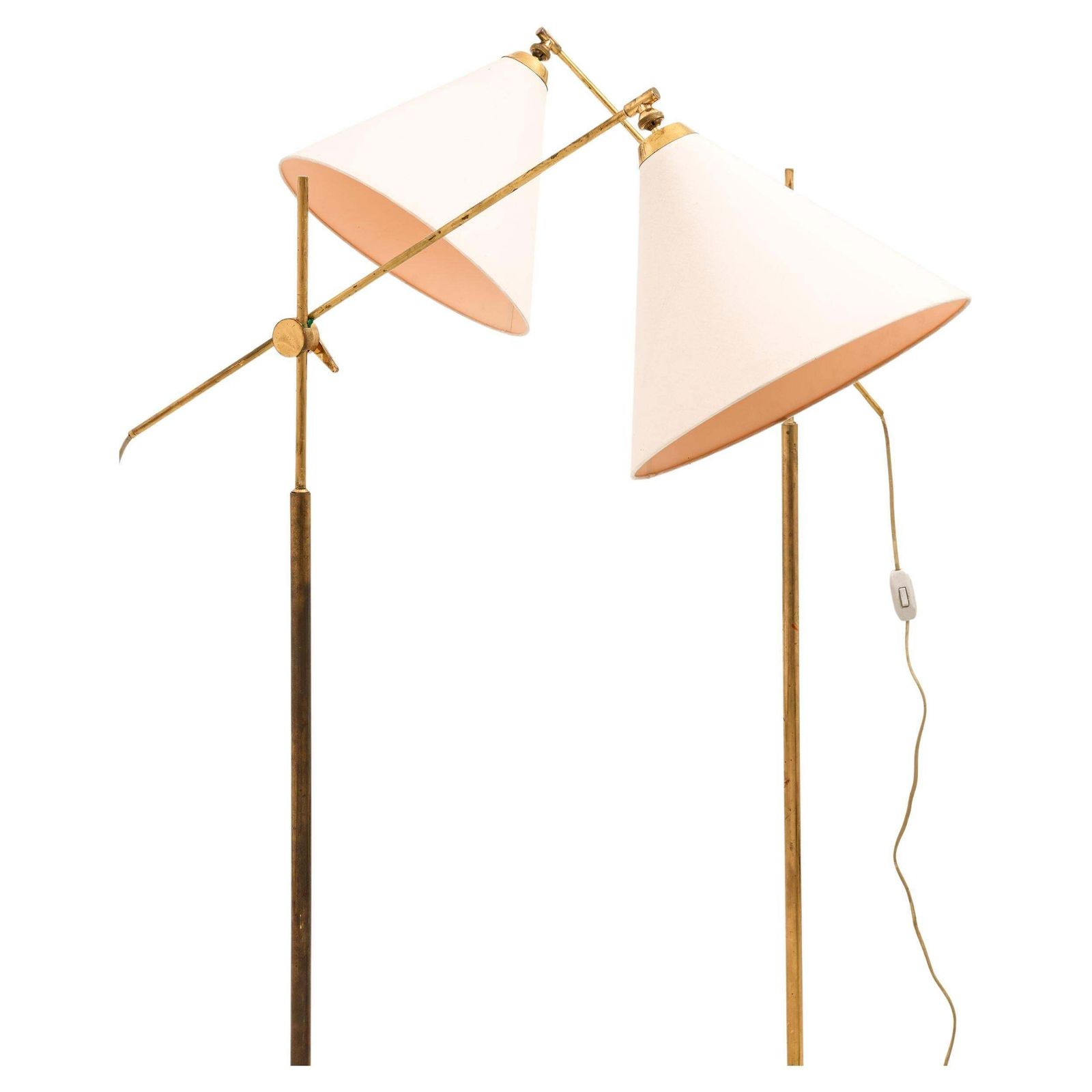 Pair Of Floor Lamps In Brass And Original Shades By T.H. Valentiner, 1960's