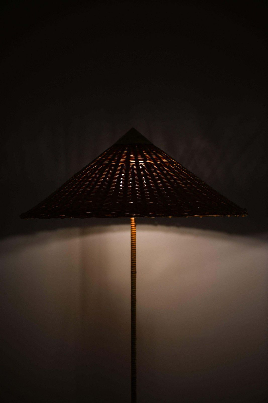 photo furniture Pair Of Floor Lamps In Brass, Cane And Rattan Shades By Paavo Tynell, 1950's