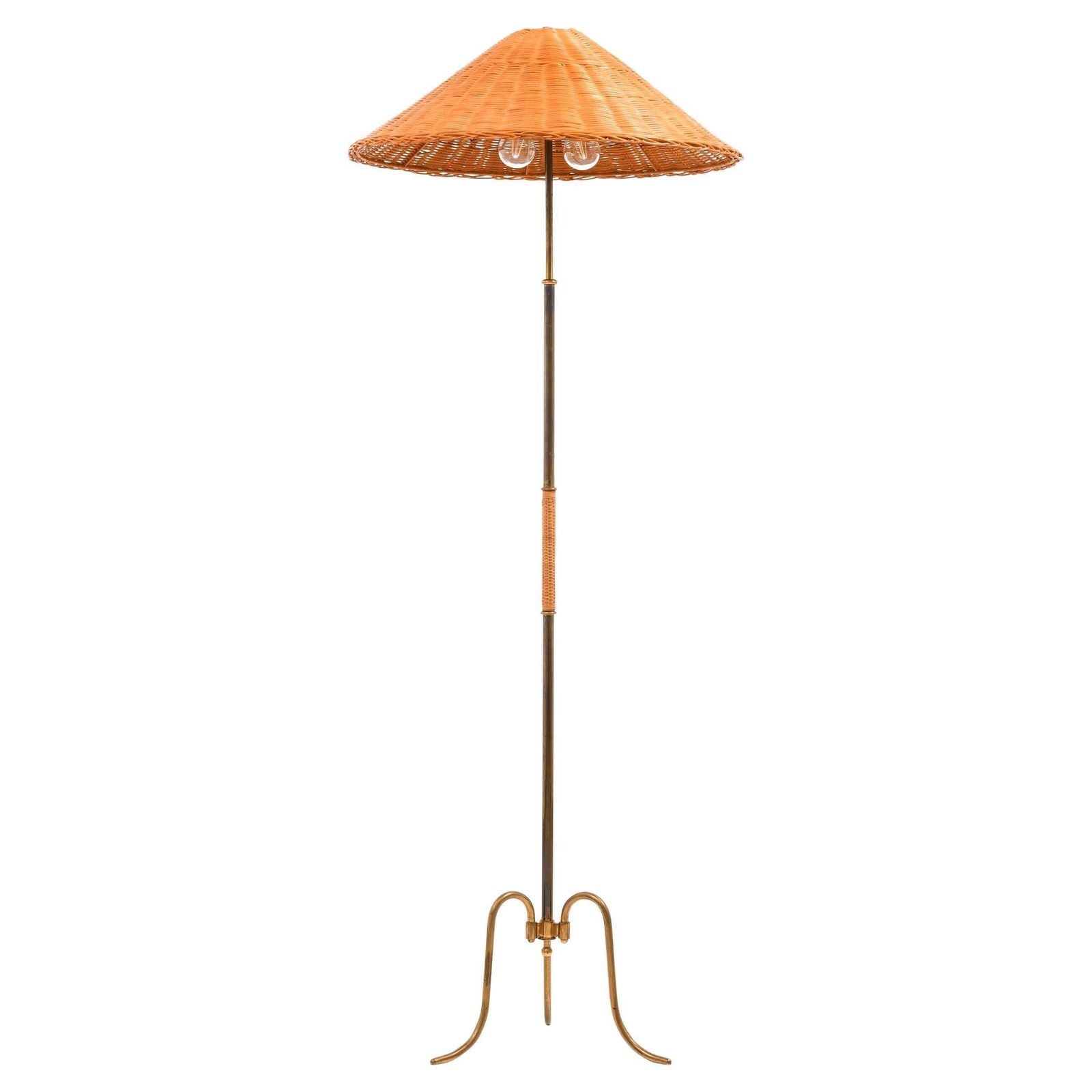 Height Adjustable Floor Lamp In Brass, Woven Cane And Rattan Shade, 1940's
