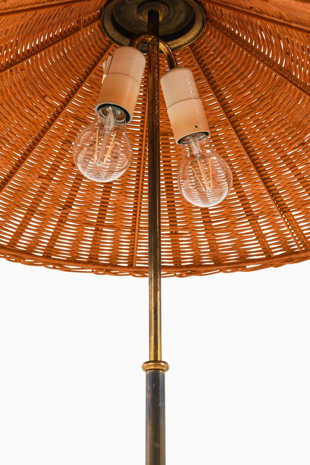 Height Adjustable Floor Lamp In Brass, Woven Cane And Rattan Shade, 1940's photo 8069.0