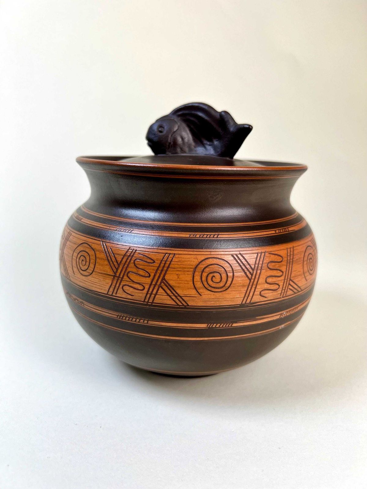 Vintage Swiss Studio Pottery Lidded Ceramic Pot By Frick, Handmade Folk Art Canister photo for sale