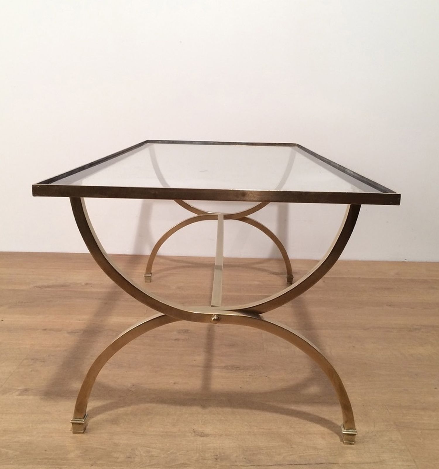 Brass Coffee Table With Clear Glass Top And Black Lacquered Rim From Maison Jansen photo for sale
