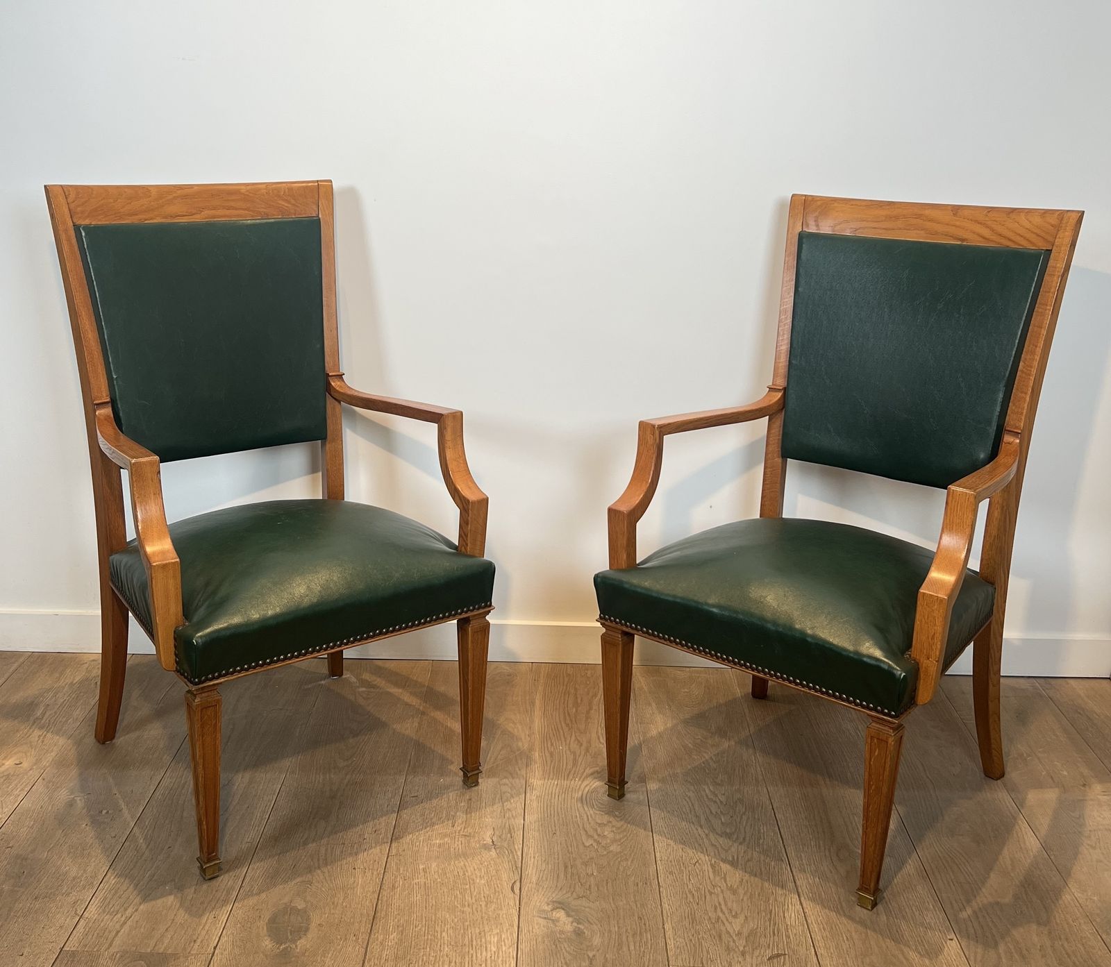Pair Of Art Deco Oak And Leather Armchairs By De Coene Frères