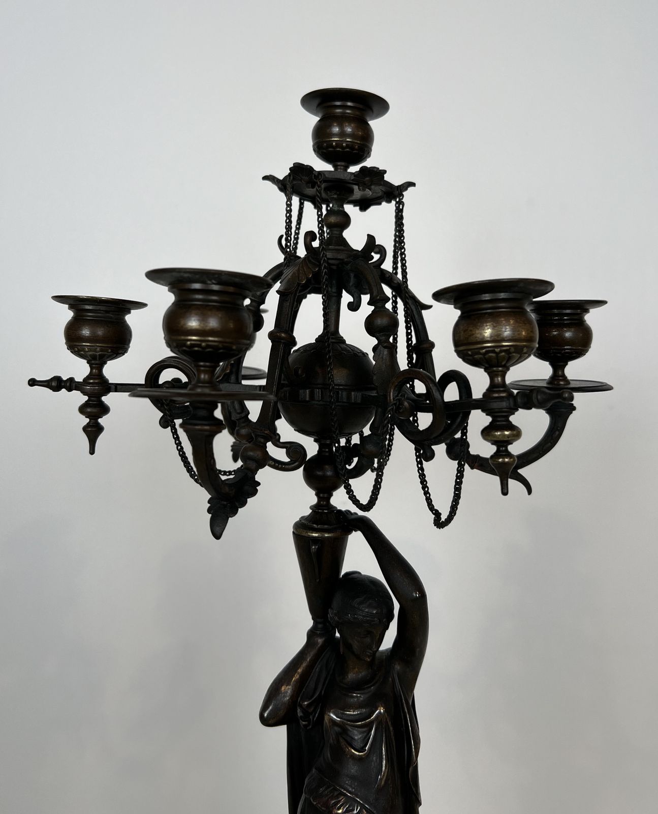 Pair Of Important Patinated Bronze Candelabras Featuring Caryatids Holding 5 Candlesticks In The Louis Valentin Elias Robert Style photo Home Decor