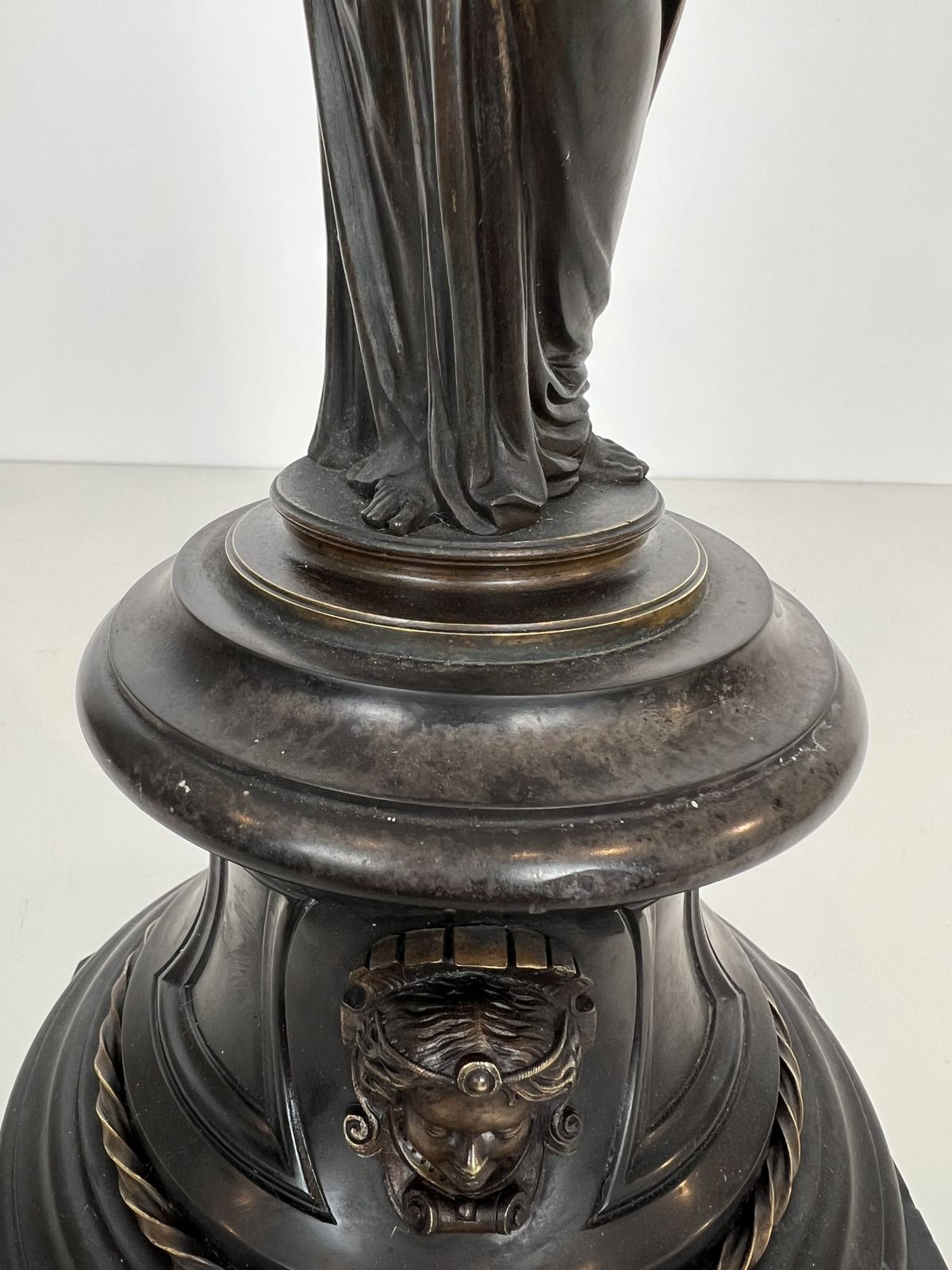 Pair Of Important Patinated Bronze Candelabras Featuring Caryatids Holding 5 Candlesticks In The Louis Valentin Elias Robert Style photo vintage