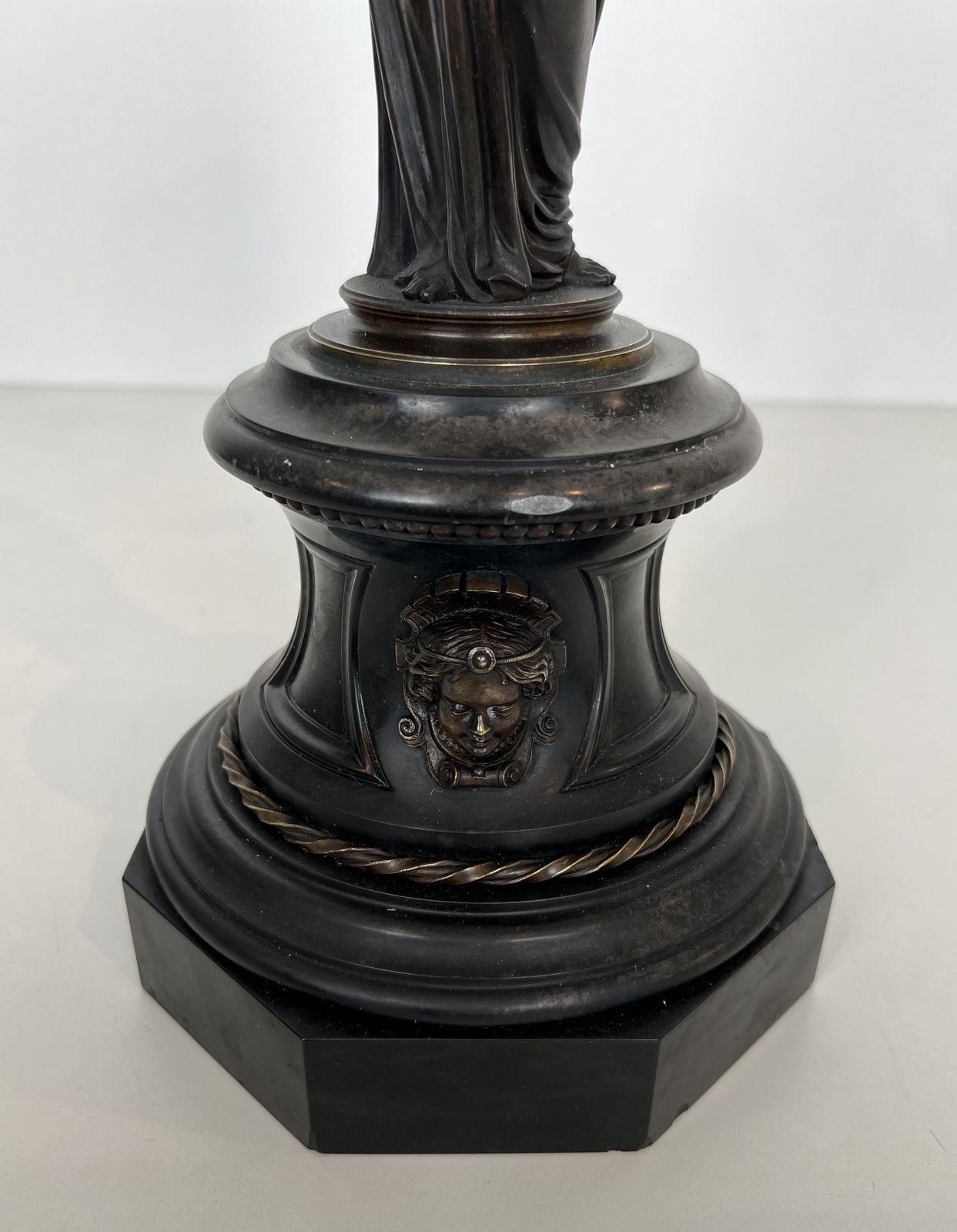photo for sale Pair Of Important Patinated Bronze Candelabras Featuring Caryatids Holding 5 Candlesticks In The Louis Valentin Elias Robert Style