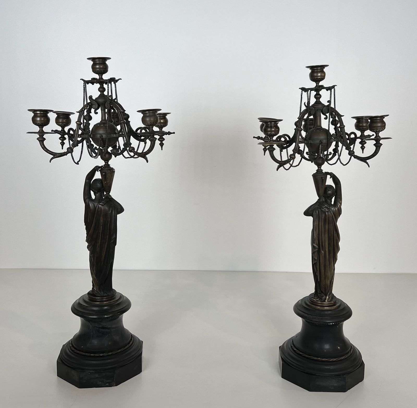 6800.0 Pair Of Important Patinated Bronze Candelabras Featuring Caryatids Holding 5 Candlesticks In The Louis Valentin Elias Robert Style photo