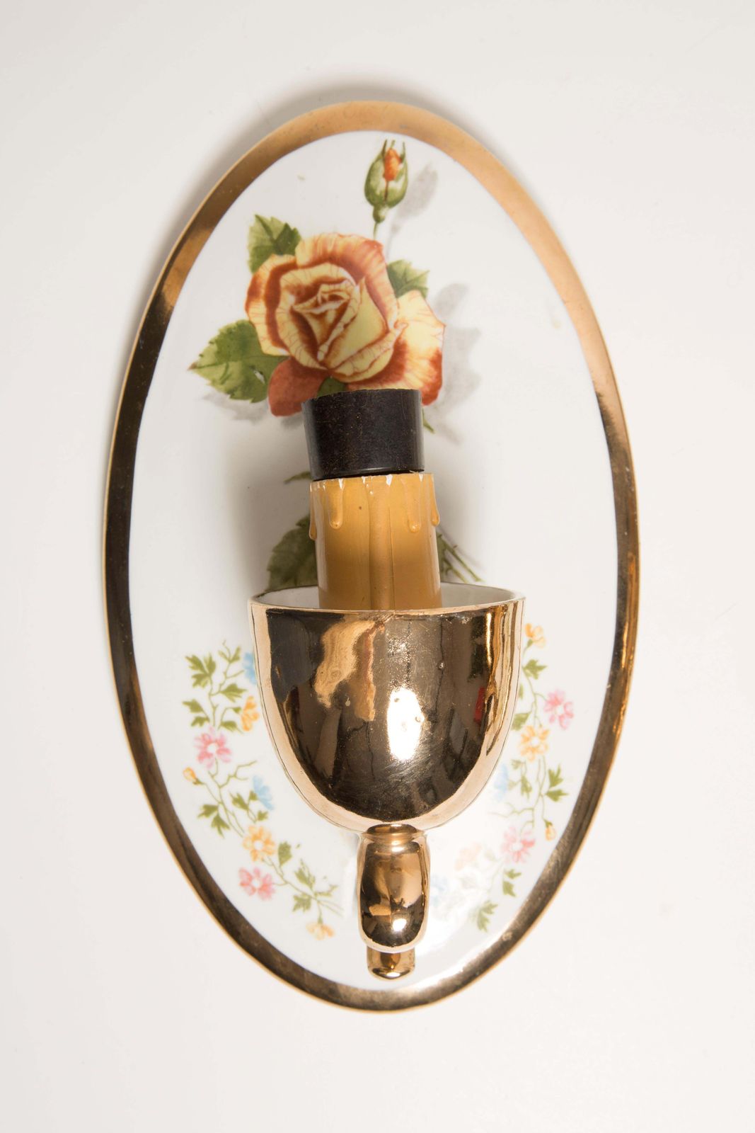 Set Of Two Porcelain Wall Lamps With Roses, Poland, 1960s photo for sale
