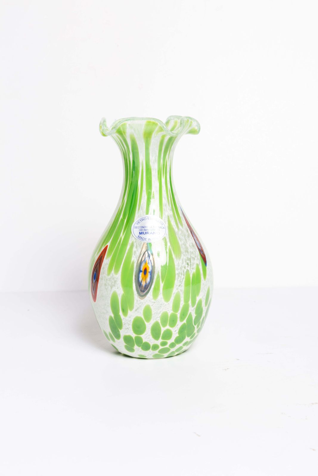 Mid Century Vintage Green Dots Small Murano Vase, Italy, 1960s photo 77.0