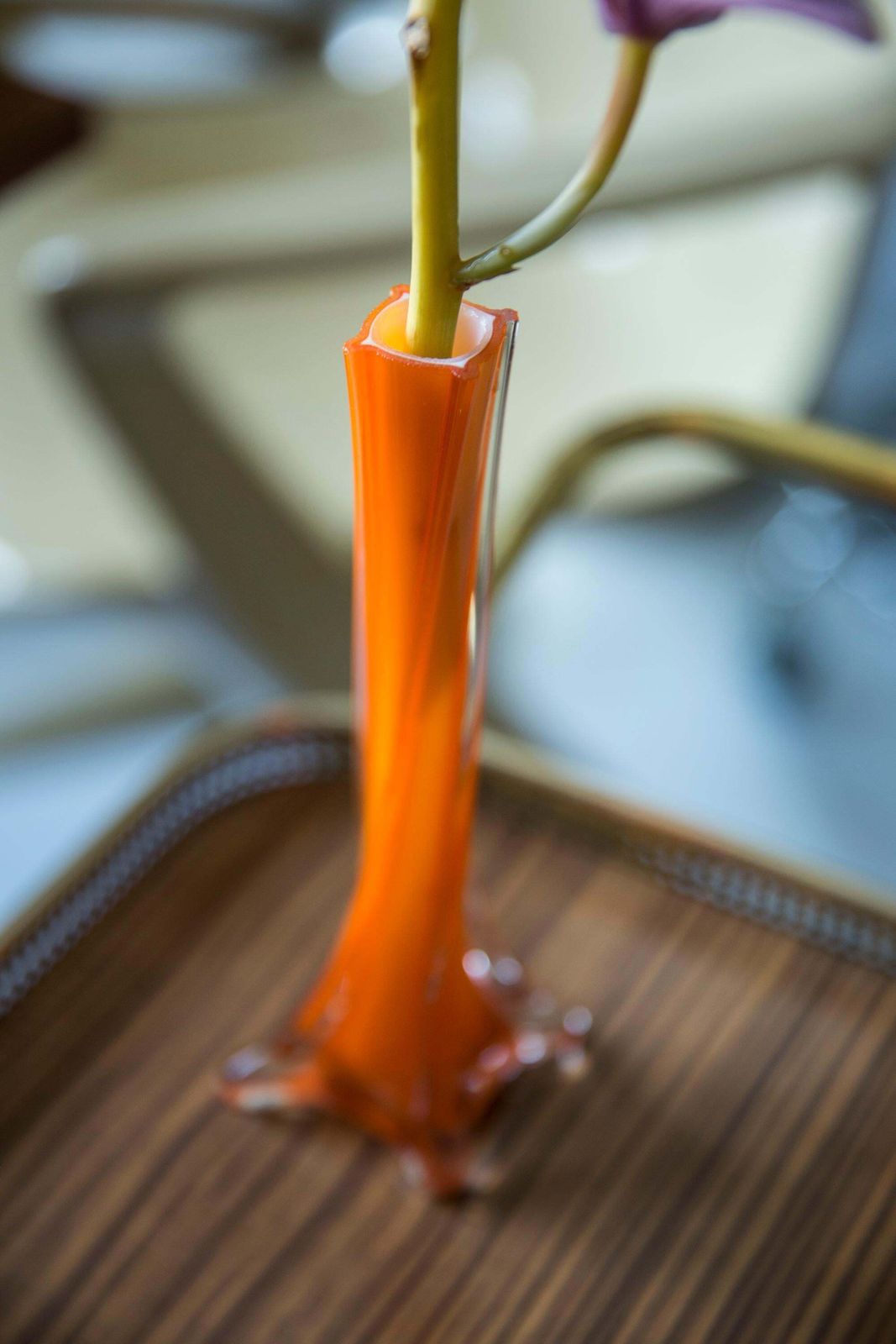 Midcentury Vintage Slim Orange Decorative Glass Vase, Europe, 1960s photo vinterior
