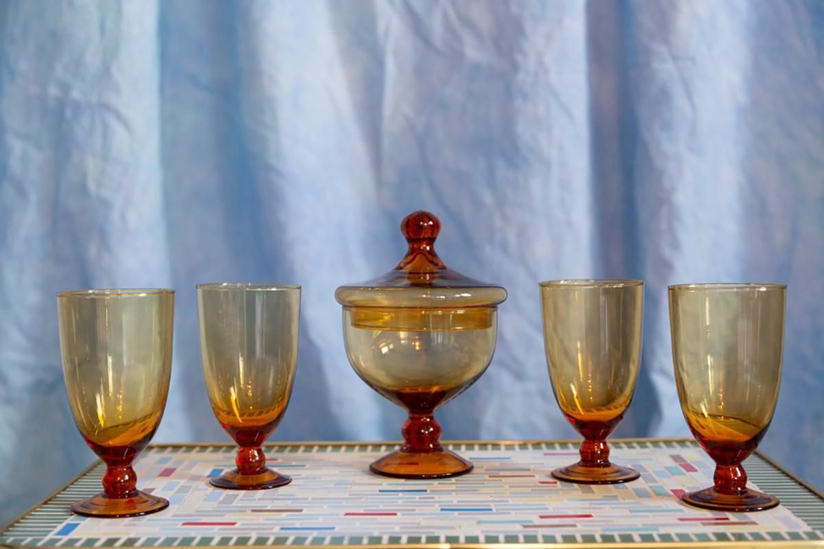 Set Of Four Mid Century Glasses And Sugar Bowl, Murano, Europe, 1960s photo 170.0