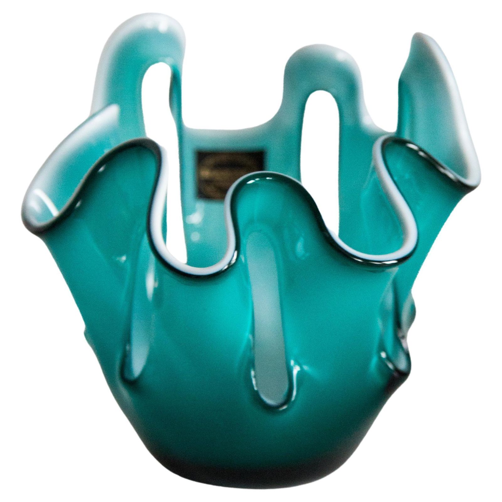 Mid Century Vintage Glazen Vaas Met Aqua En Wit Artistiek Glas, Europa, Jaren 1970