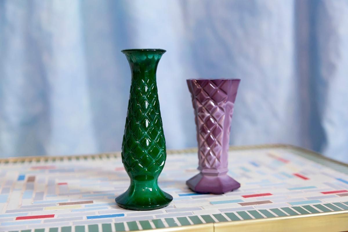 Set Of Two Mid Century Green And Purple Artistic Mini Vases, Europe, 1960s photo for sale