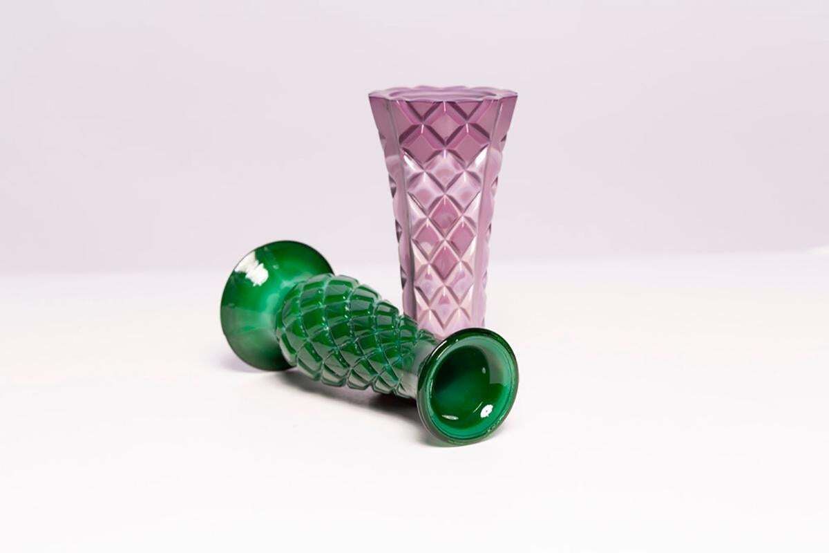 photo furniture Set Of Two Mid Century Green And Purple Artistic Mini Vases, Europe, 1960s