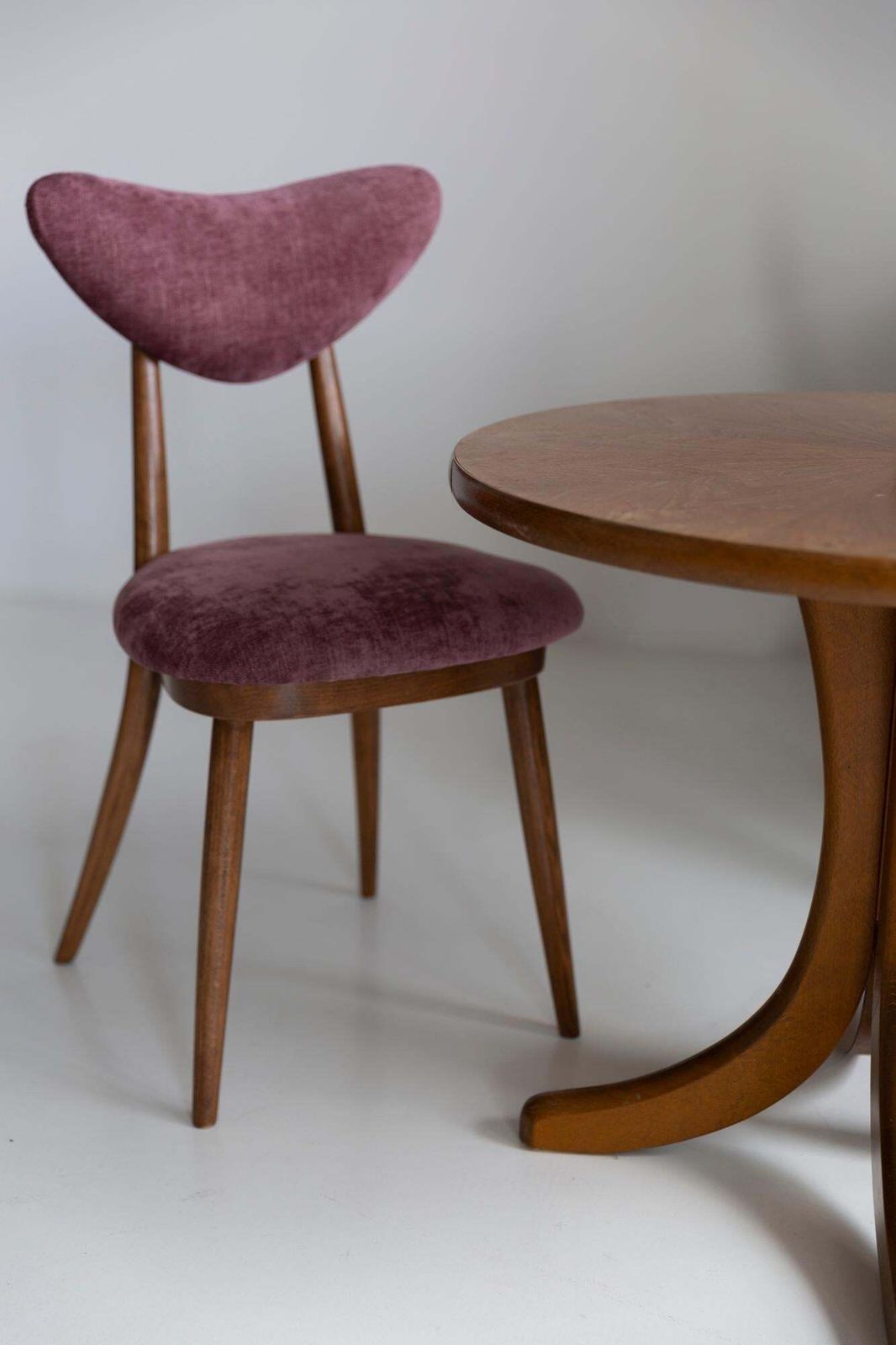 Midcentury Plum Violet Velvet, Walnut Wood Heart Chair, Europe, 1960s photo Furniture