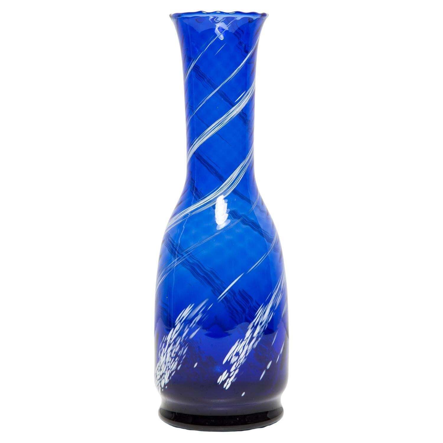 Mid Century Vintage Blue And White Artistic Glass Vase Bottle, Europe, 1970s