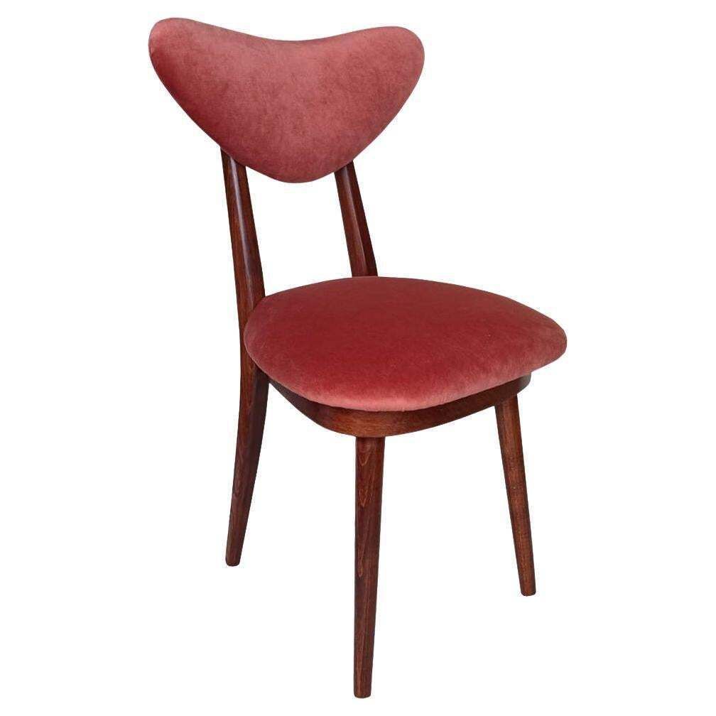 Mid Century Oranje Roze Velours, Walnootkleurig Hout, Heart Stoel, Polen, Jaren 1960