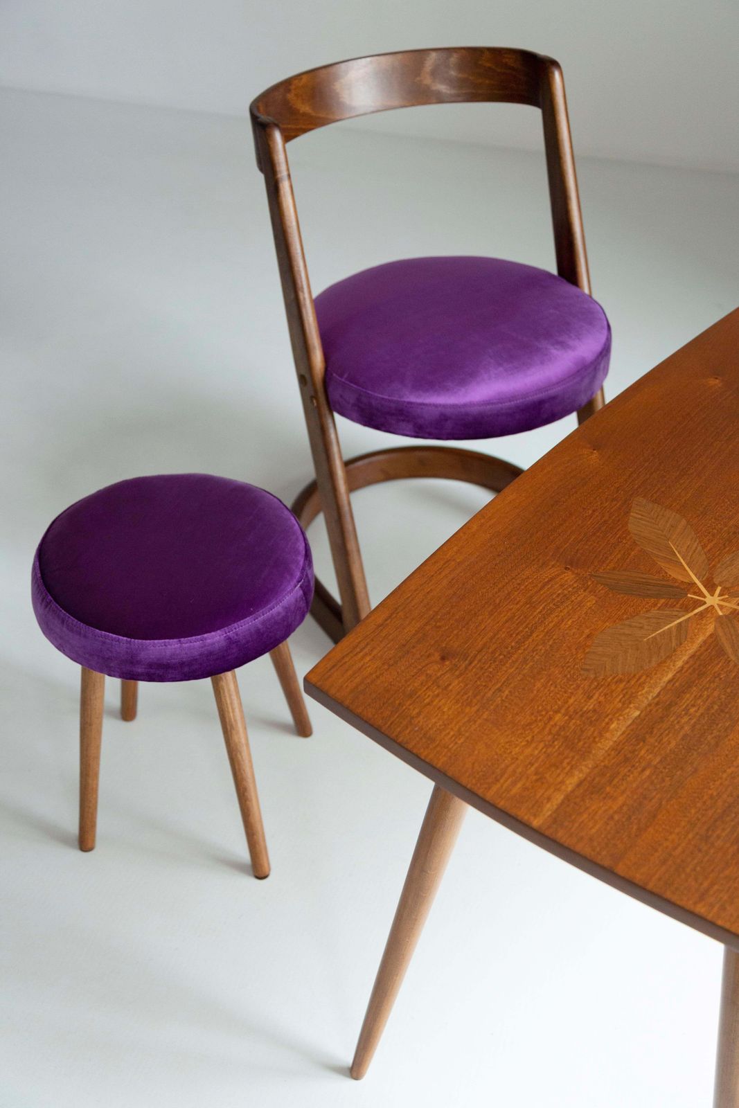 Midcentury Purple Velvet Halfa Chair And Stool, Baumann, France, 1970s photo furniture