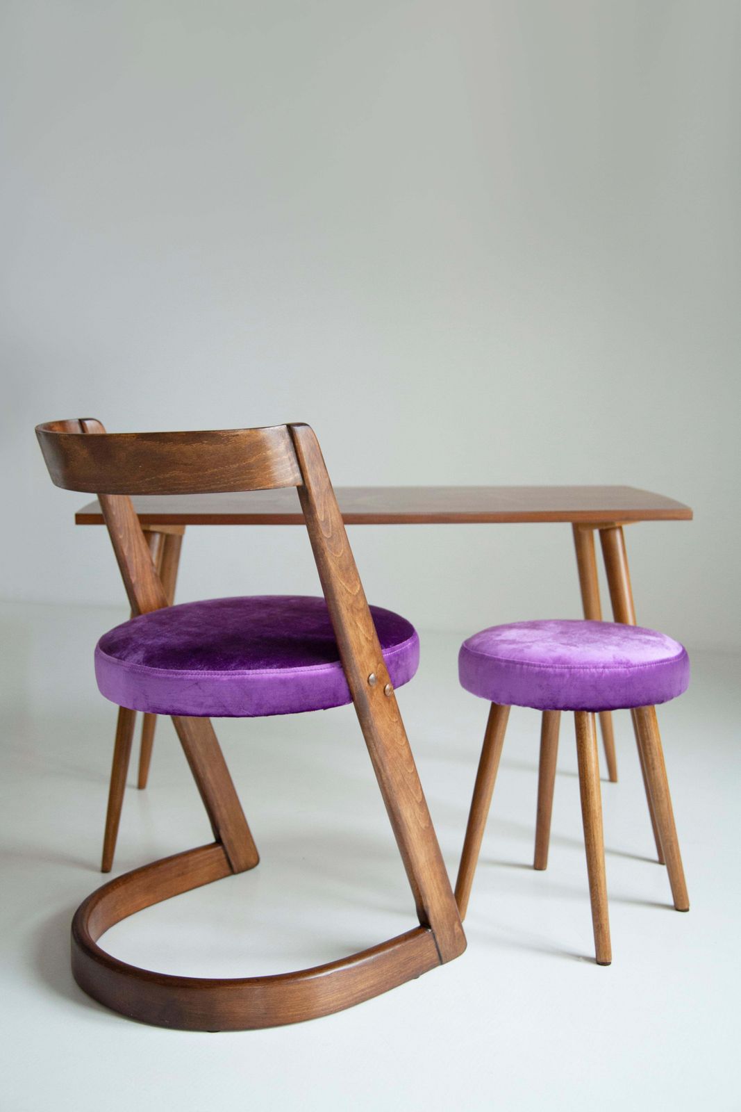 Midcentury Purple Velvet Halfa Chair And Stool, Baumann, France, 1970s photo for sale
