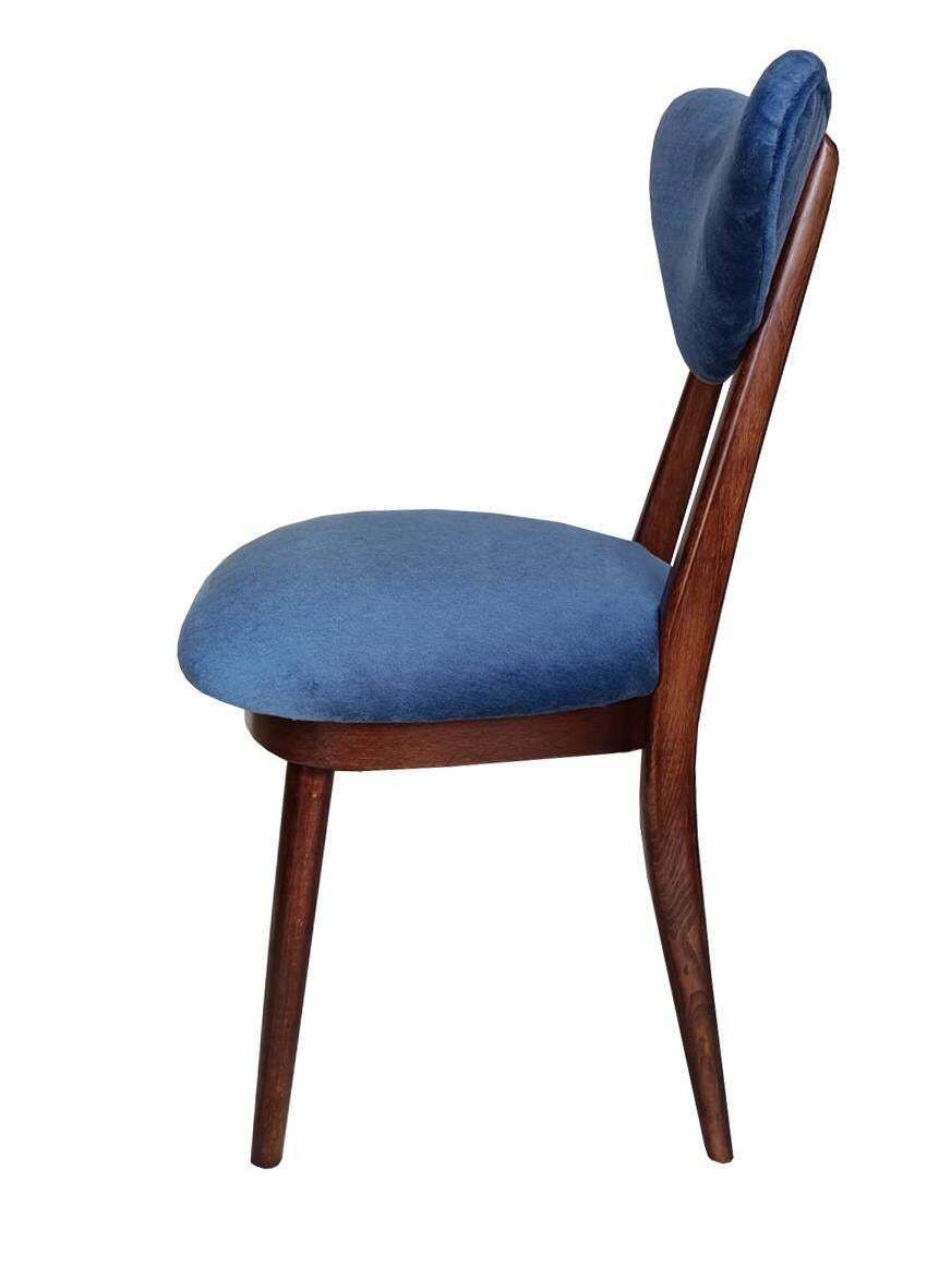 Mid Century Blue Velvet, Walnut Wood, Heart Chair, Poland, 1960s photo vinterior