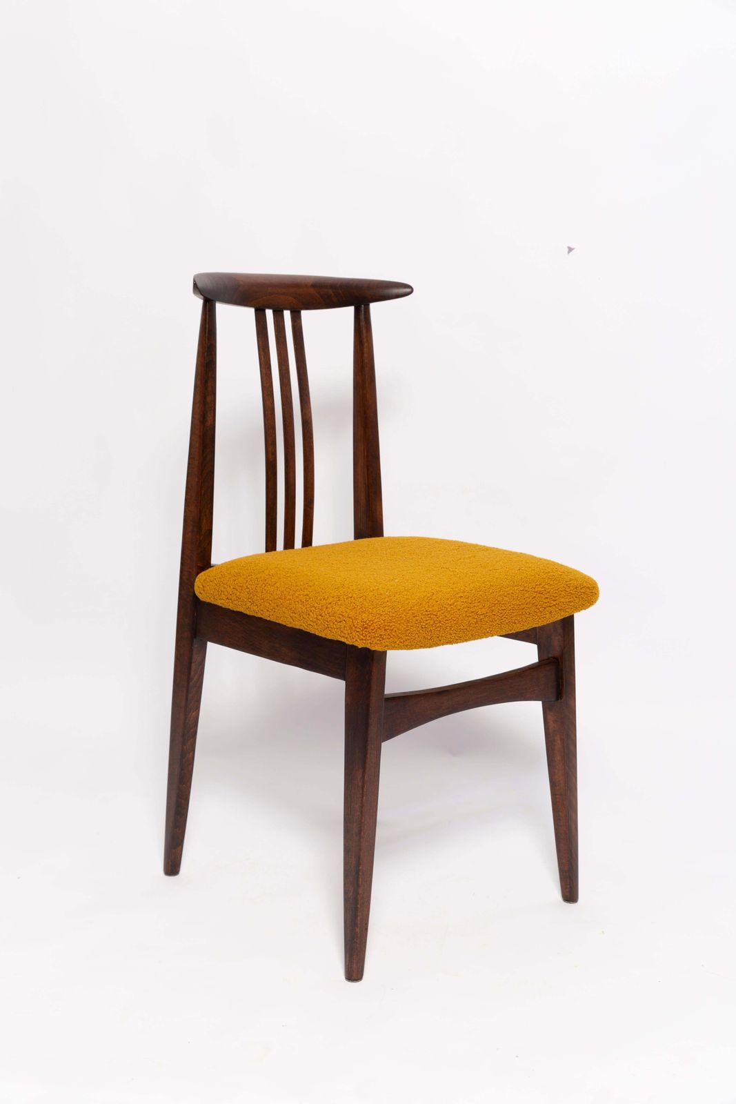 Mid Century Ochre Boucle Chair, Walnut Wood, M. Zielinski, Europe, 1960s photo furniture