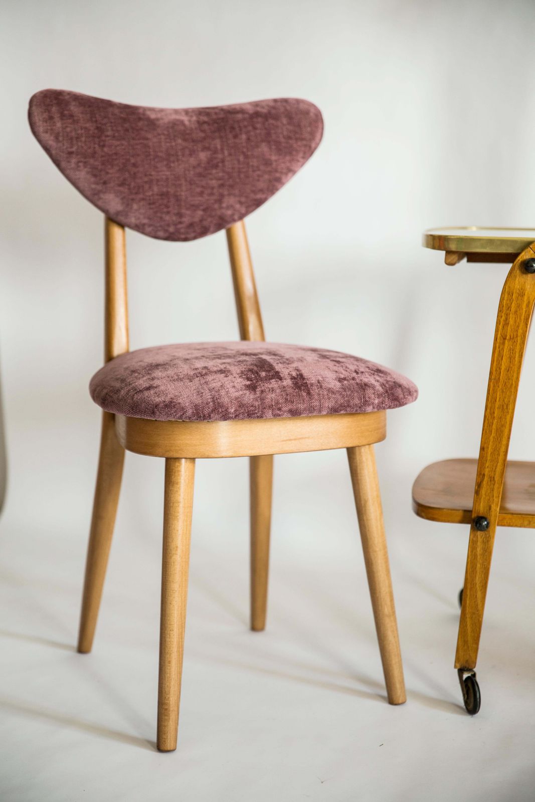 Midcentury Plum Violet Velvet, Light Wood Heart Chair, Europe, 1960s photo 510.0