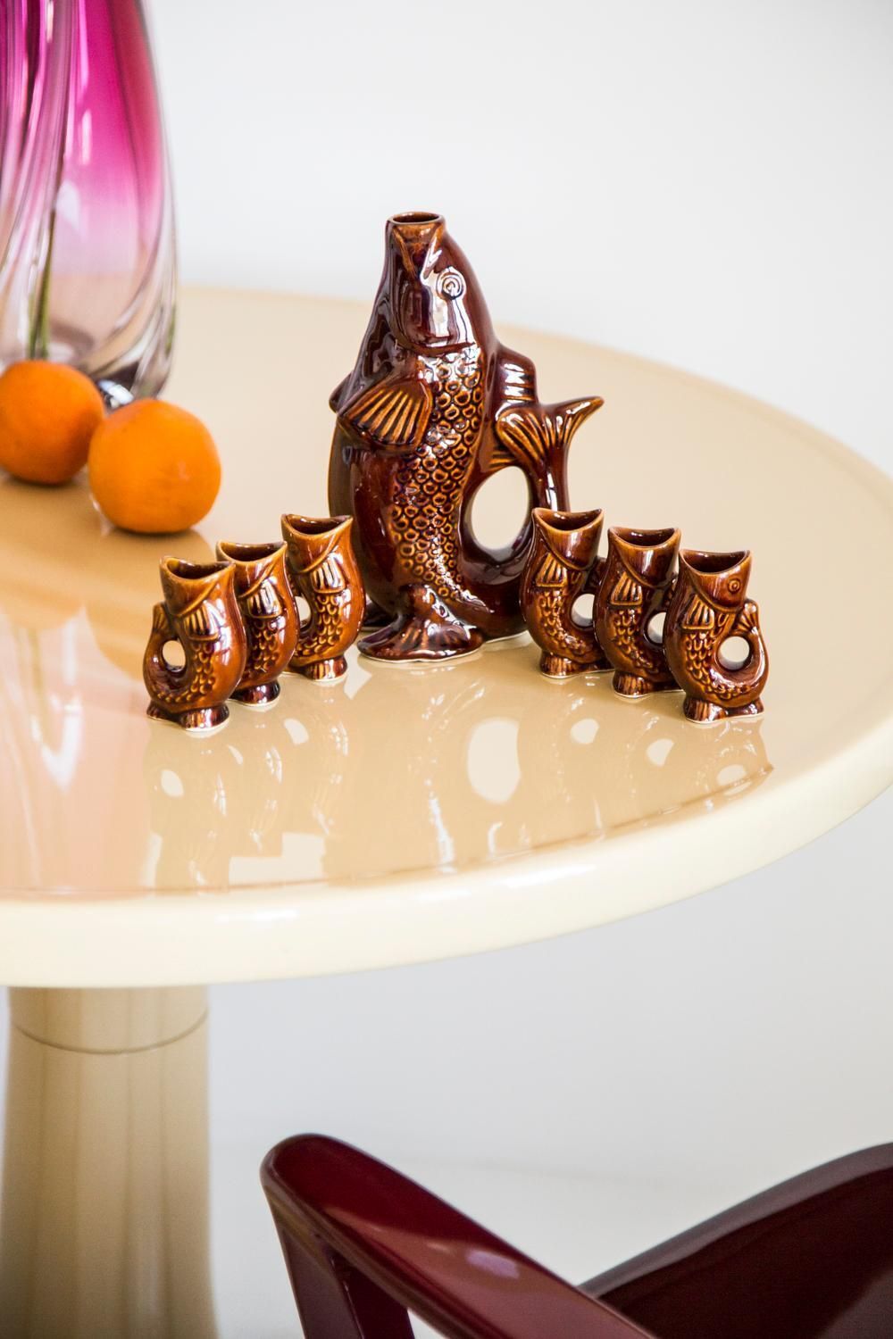 Brown Fish Glass Decanter And Glasses, 20th Century, Europe, 1960s photo for sale