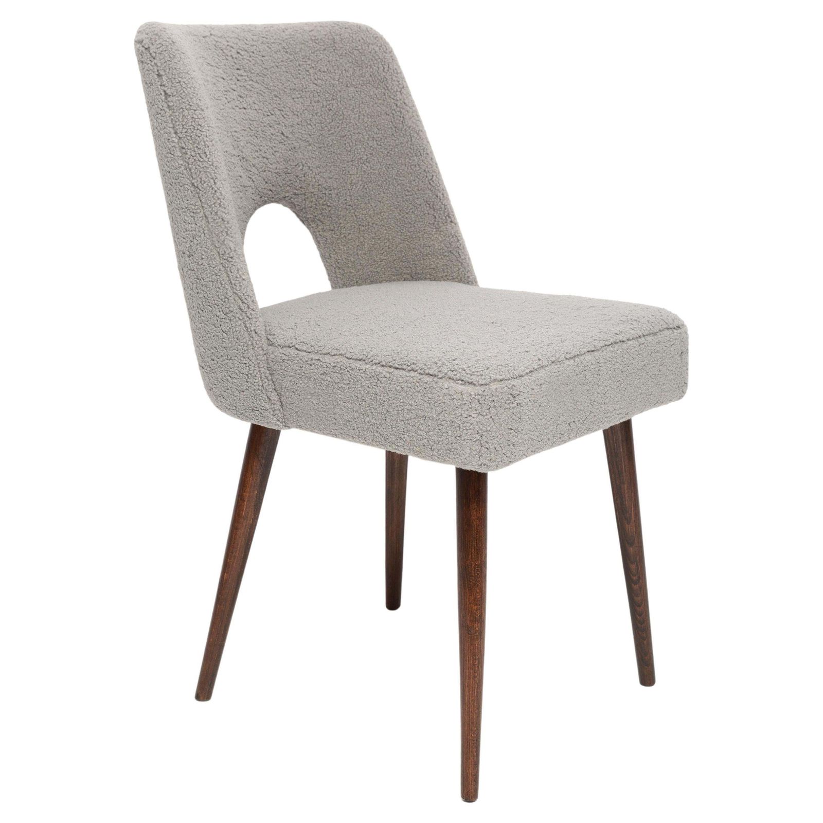 Gray Boucle 'Shell' Chair, Dark Brown Beech Wood, Poland, 1960s