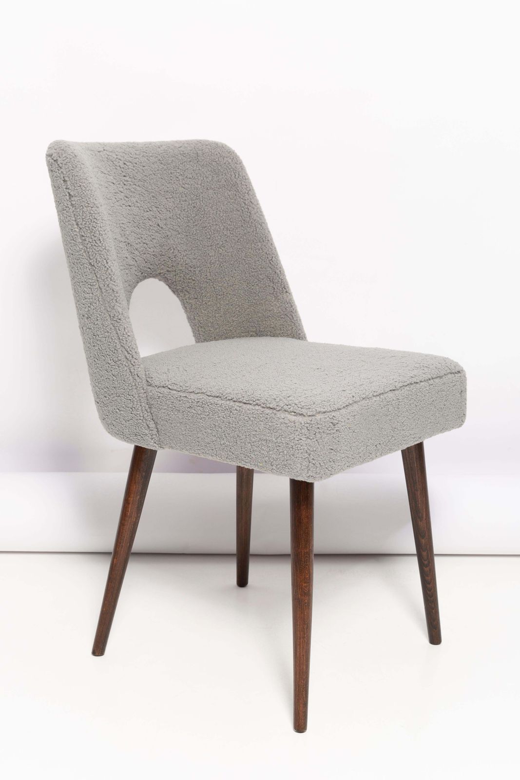 Gray Boucle 'Shell' Chair, Dark Brown Beech Wood, Poland, 1960s photo furniture
