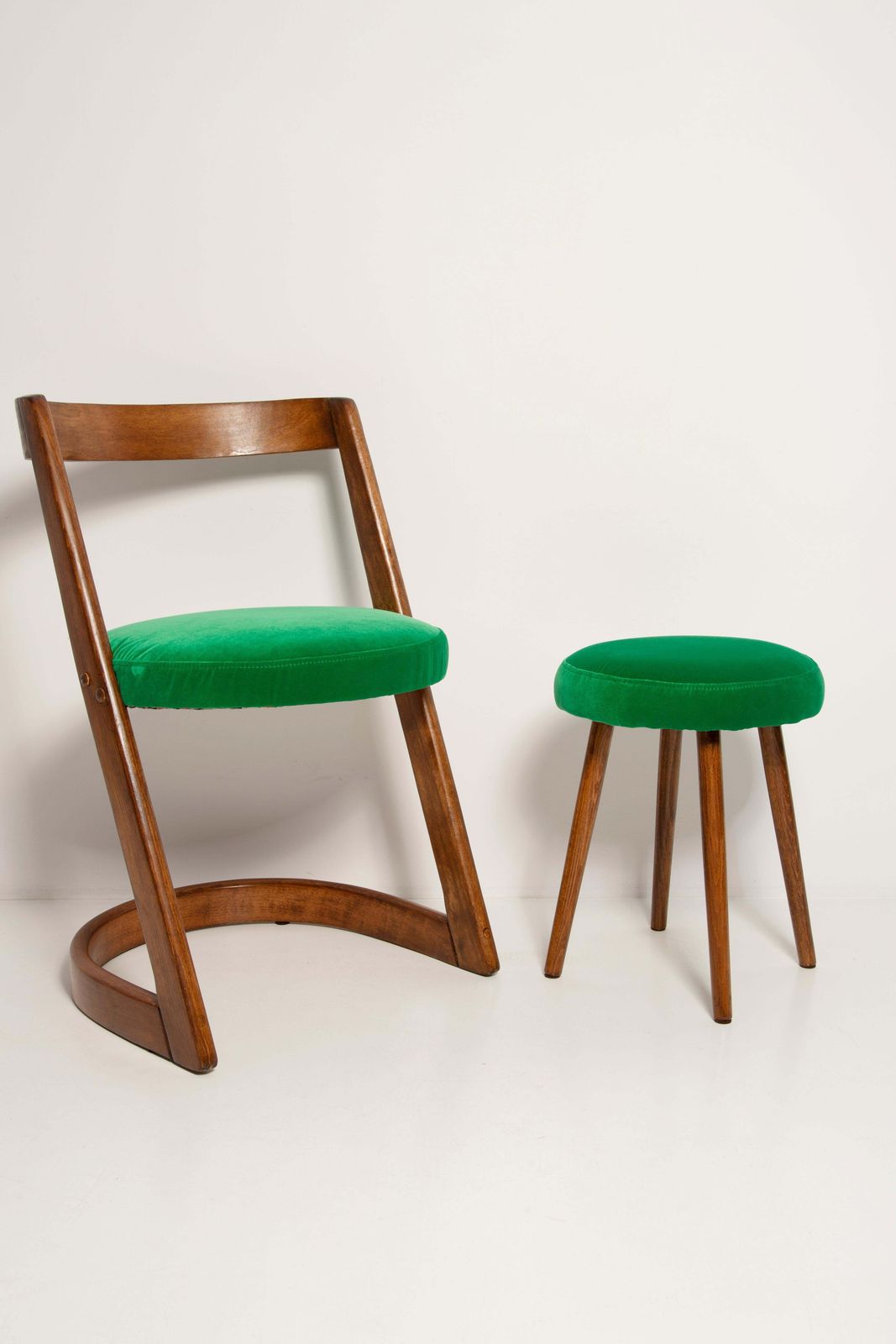 Midcentury Green Velvet Halfa Chair And Stool, Baumann, France, 1970s photo for sale