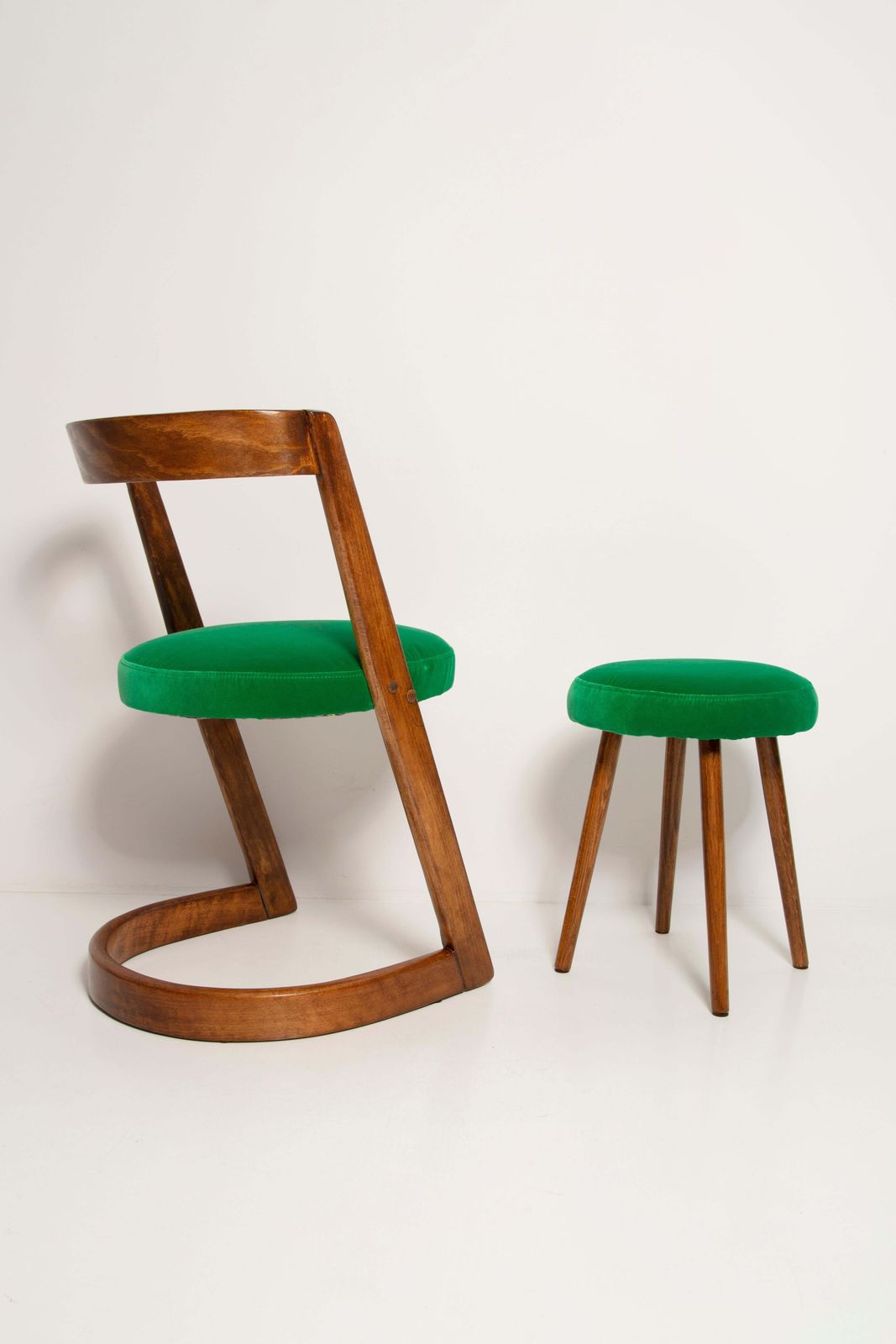 Midcentury Green Velvet Halfa Chair And Stool, Baumann, France, 1970s photo Furniture