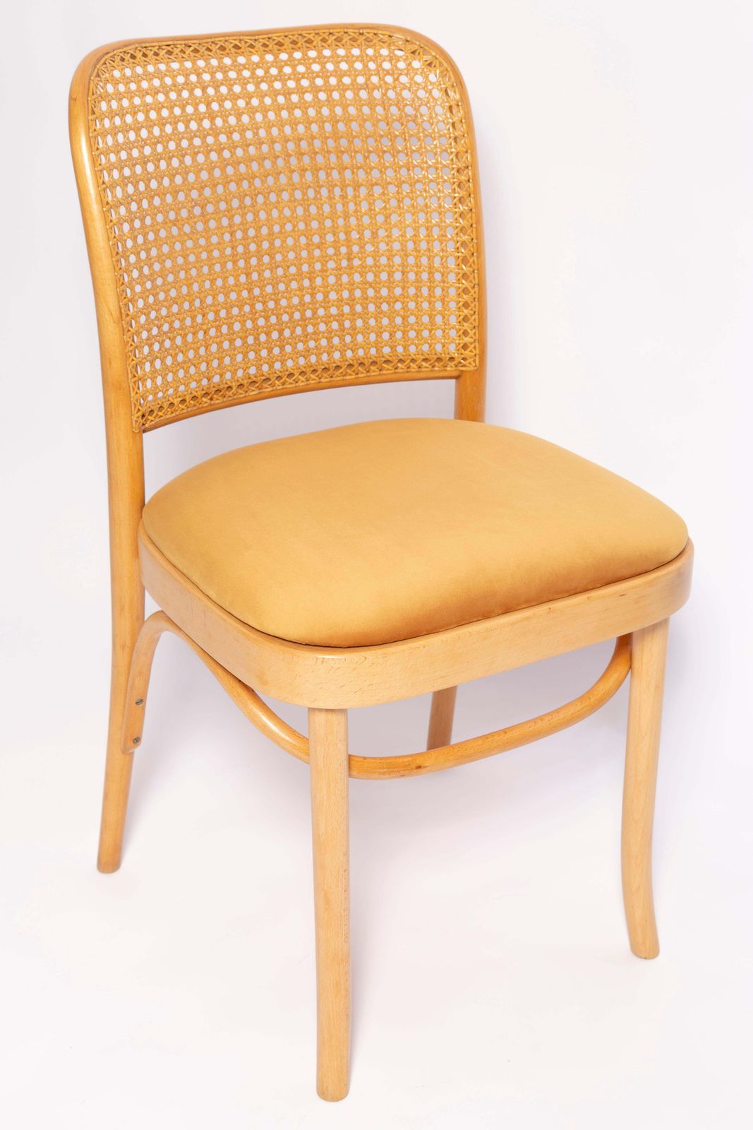 Mid Century Yellow Velvet Thonet Wood Rattan Chair, Europe, 1960s photo Furniture