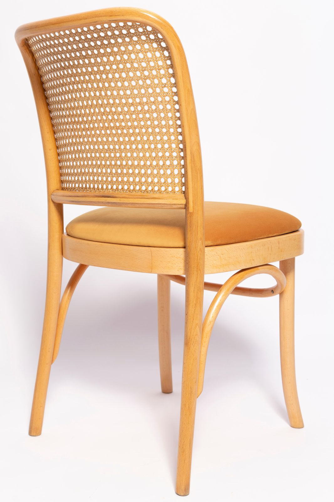 photo for sale Mid Century Yellow Velvet Thonet Wood Rattan Chair, Europe, 1960s