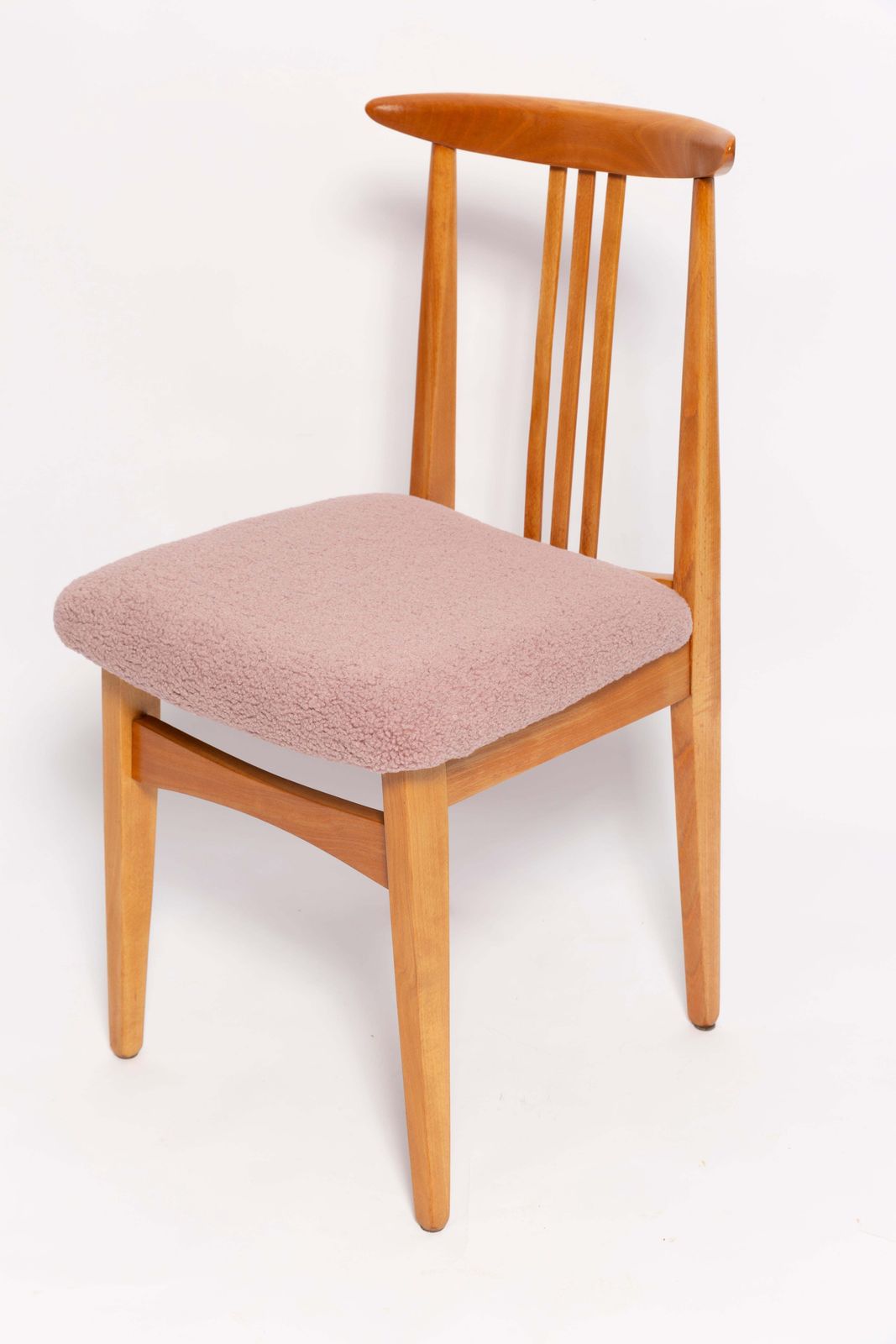 Mid Century Pink Blush Boucle Chair, Light Wood, By M. Zielinski, Europe, 1960s photo for sale
