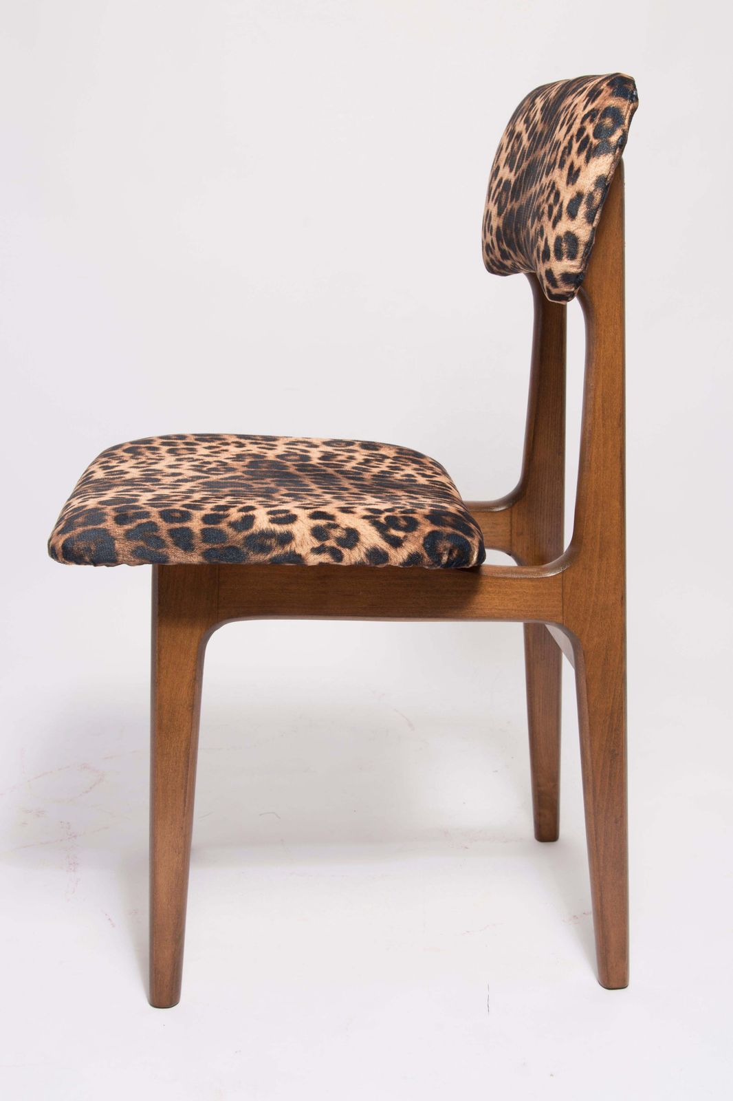 photo furniture Mid Century Leopard Velvet Chair, Walnut Wood, Rajmund Halas, Poland, 1960s