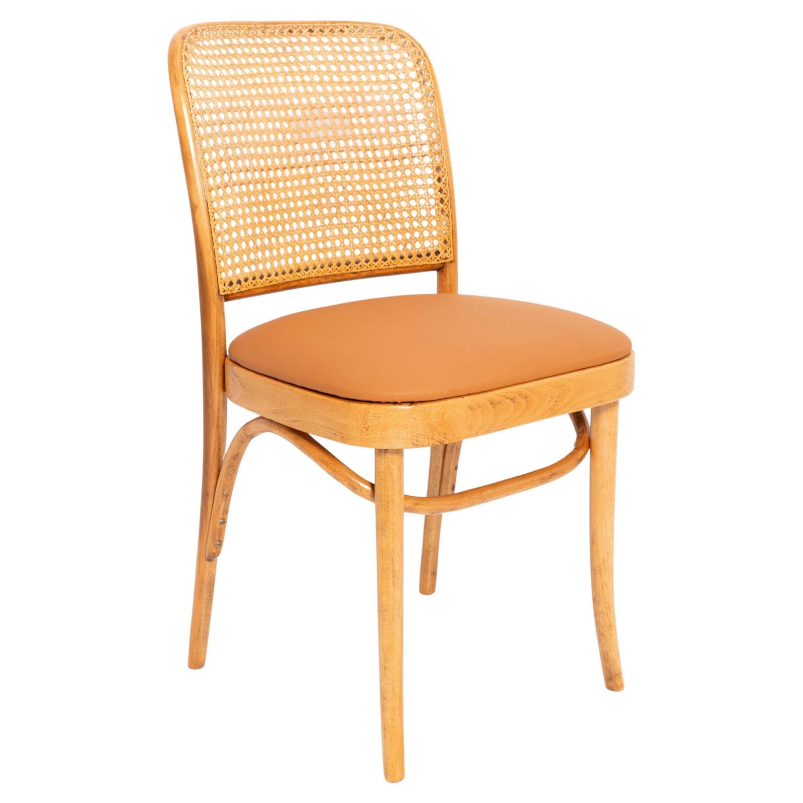 Camel Faux Leather Thonet Wood Rattan Chair, 1960s