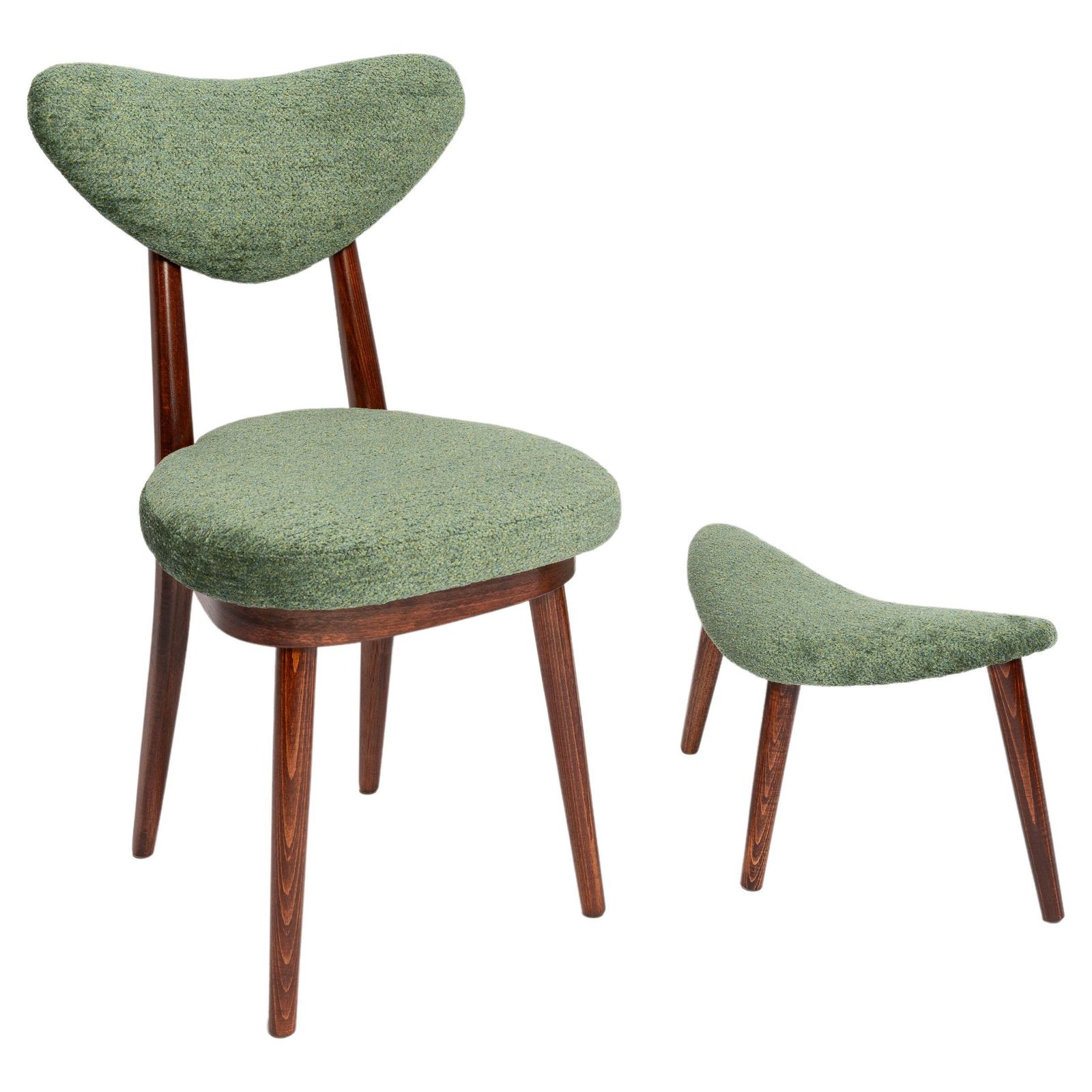 Mid Century Heart Chair And Stool, Green Velvet, Dark Wood, Europe 1960s