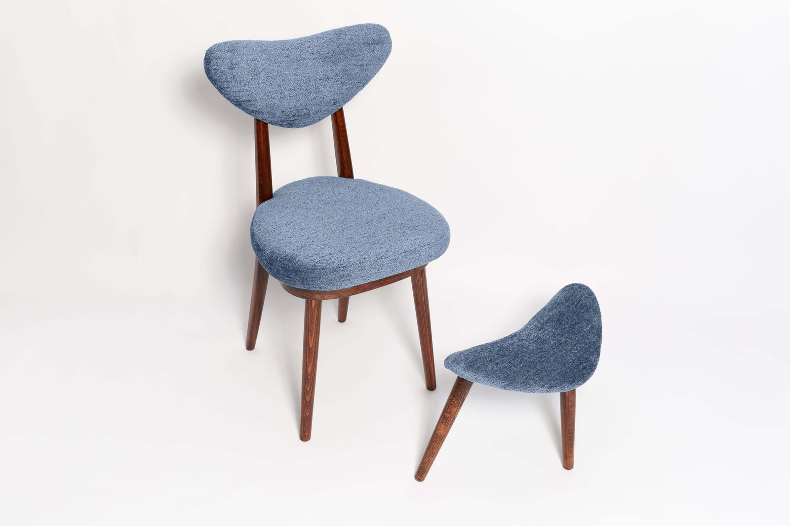 Mid Century Heart Chair And Stool, Blue Velvet, Dark Wood, Europe 1960s photo furniture
