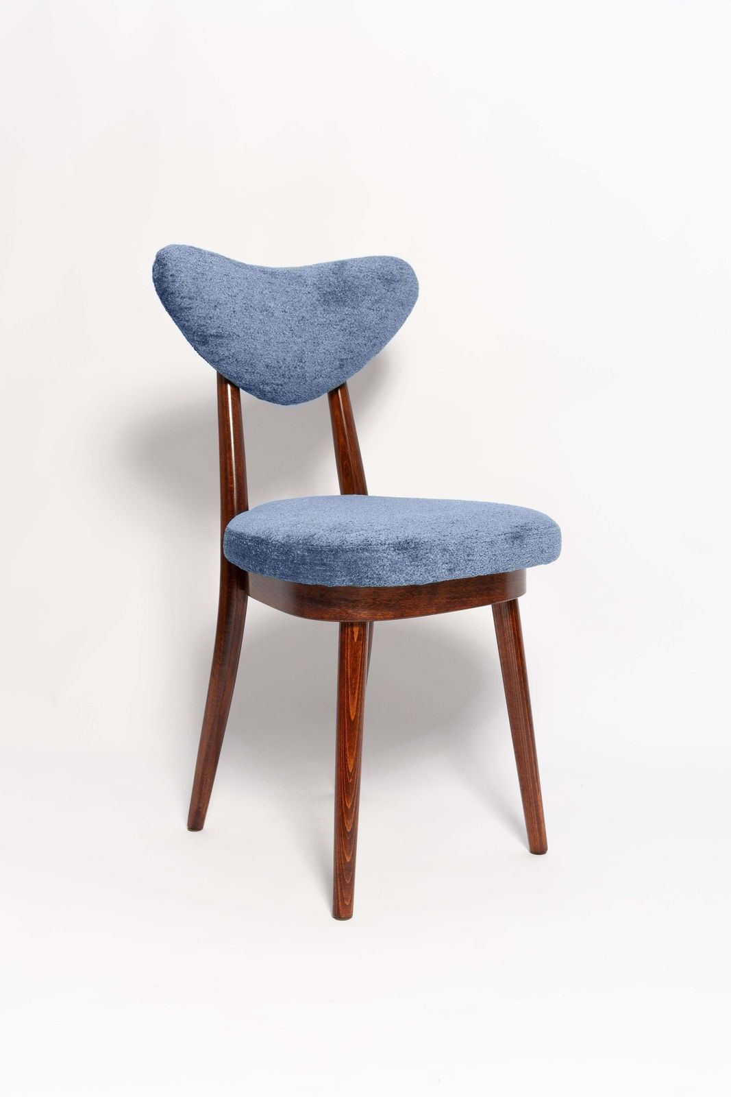 Mid Century Heart Chair And Stool, Blue Velvet, Dark Wood, Europe 1960s photo vinterior
