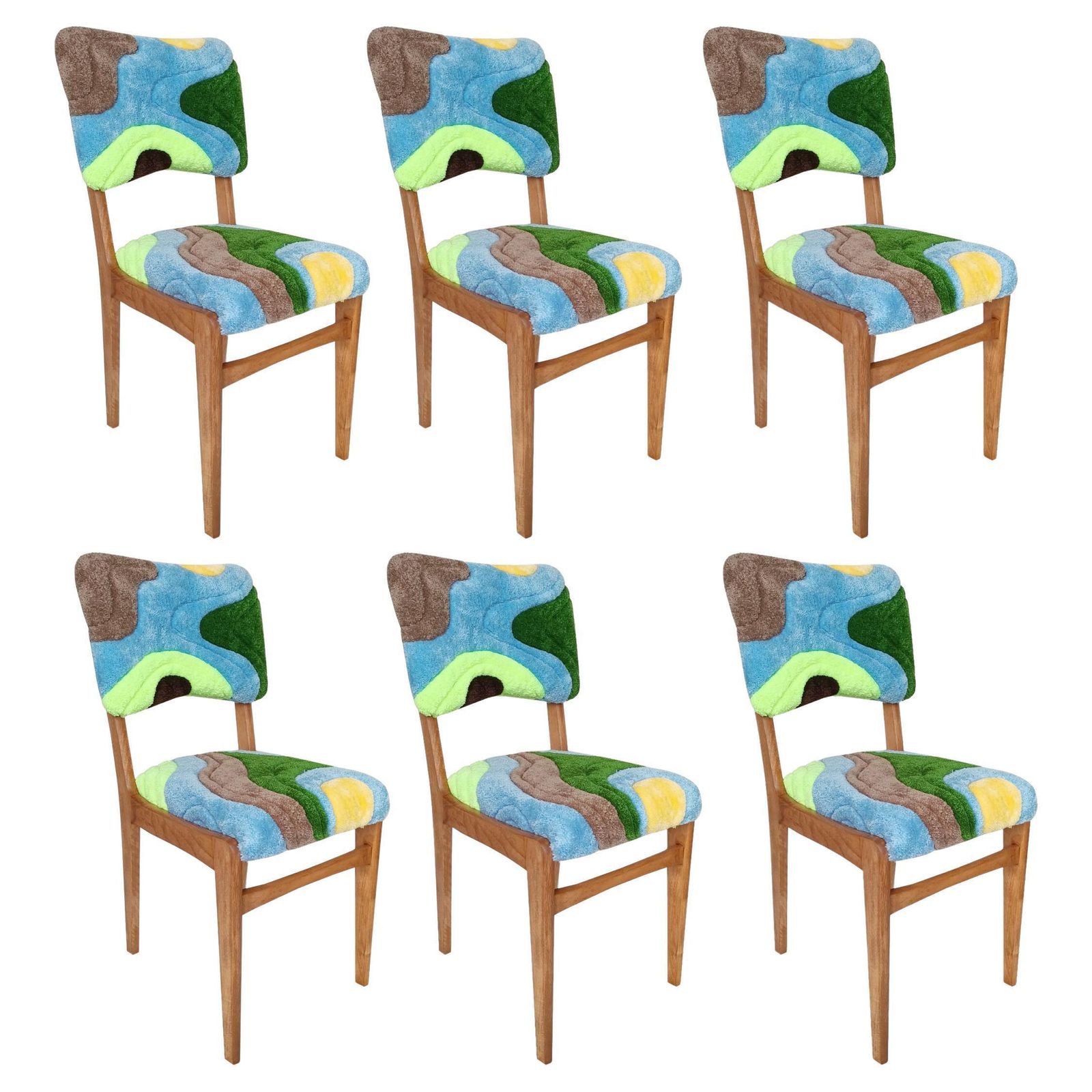 Set Of Six Mid Century Tufting Chairs, Light Wood, Rajmund Halas, Poland, 1960s