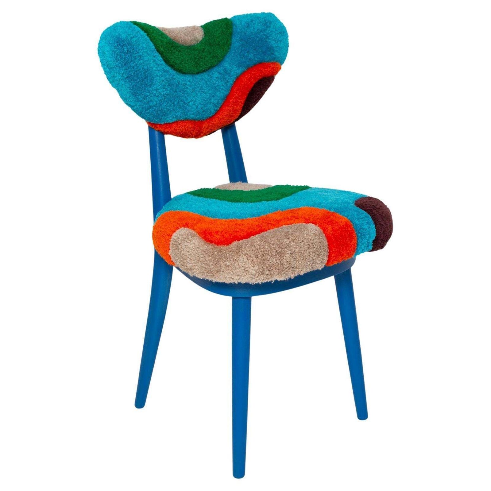 Mid Century Heart Chair In Hand Tufting Blue Green Wool, Europe, Poland, 1960s