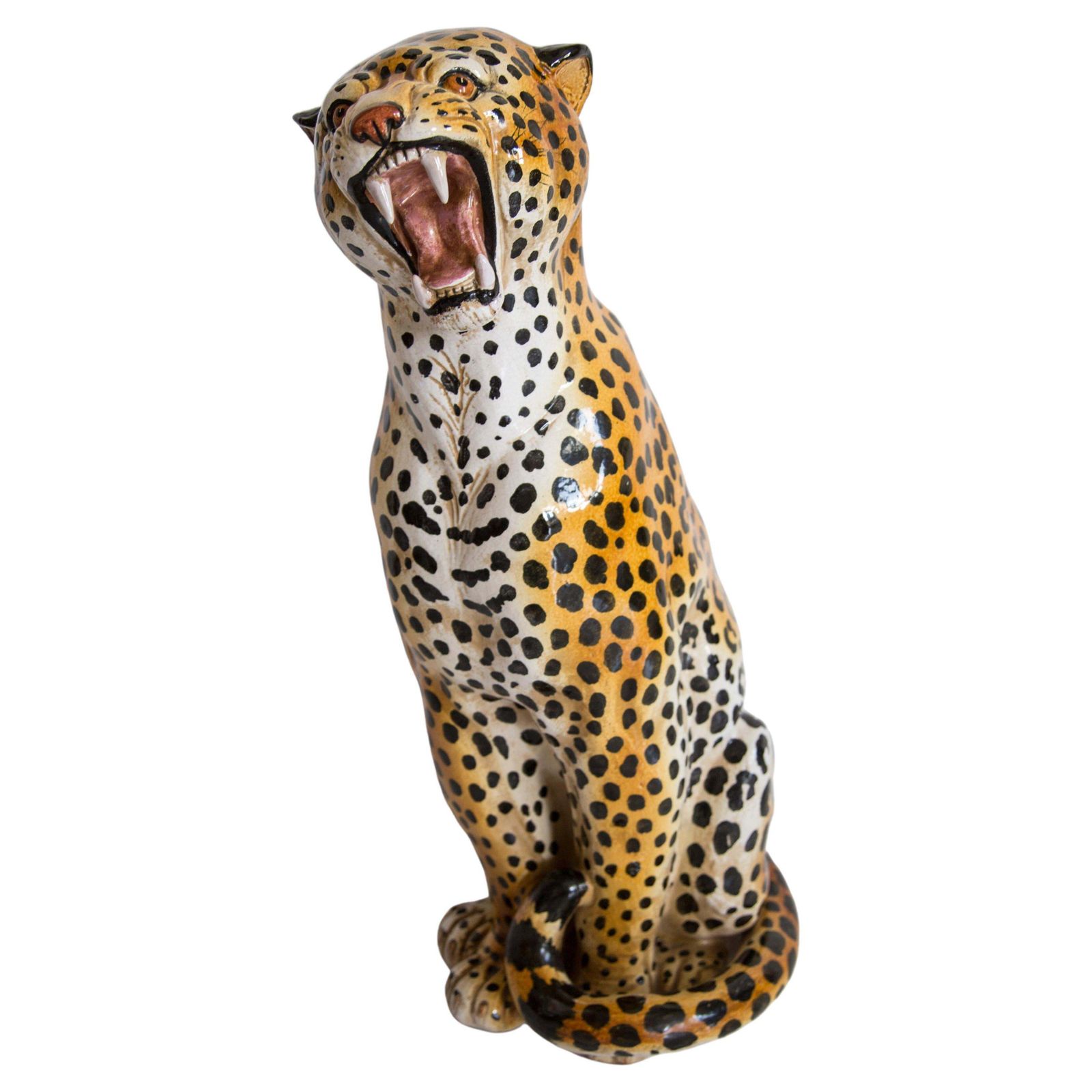 Midcentury Big Cheetah Hand Painted Terracotta Ceramic Sculpture, Italy, 1960s