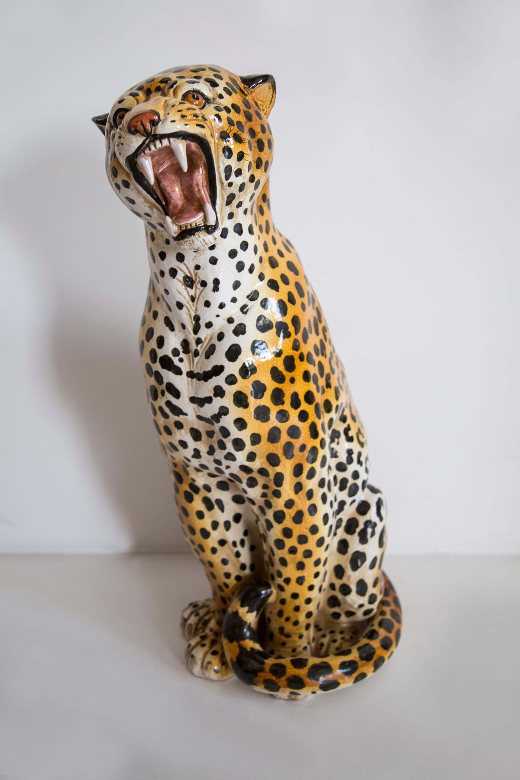 Midcentury Big Cheetah Hand Painted Terracotta Ceramic Sculpture, Italy, 1960s photo Art