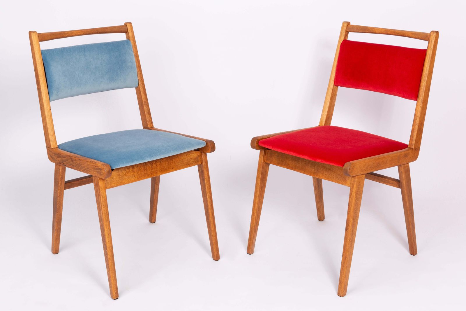 Set Of Three 20th Century Blue White And Red Velvet Chairs, Poland, 1960s photo furniture