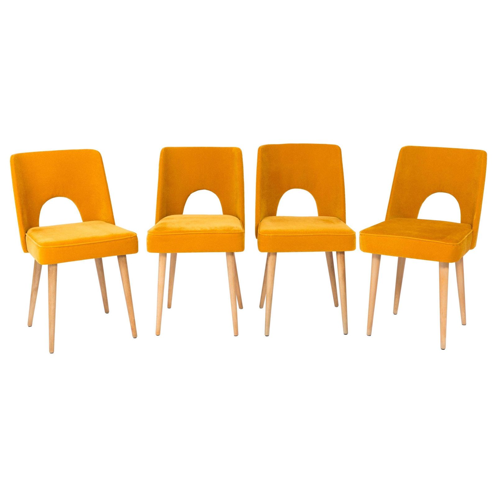 Set Van Vier Mosterdgele Fluwelen Stoelen Type 'Shell', Jaren 1960