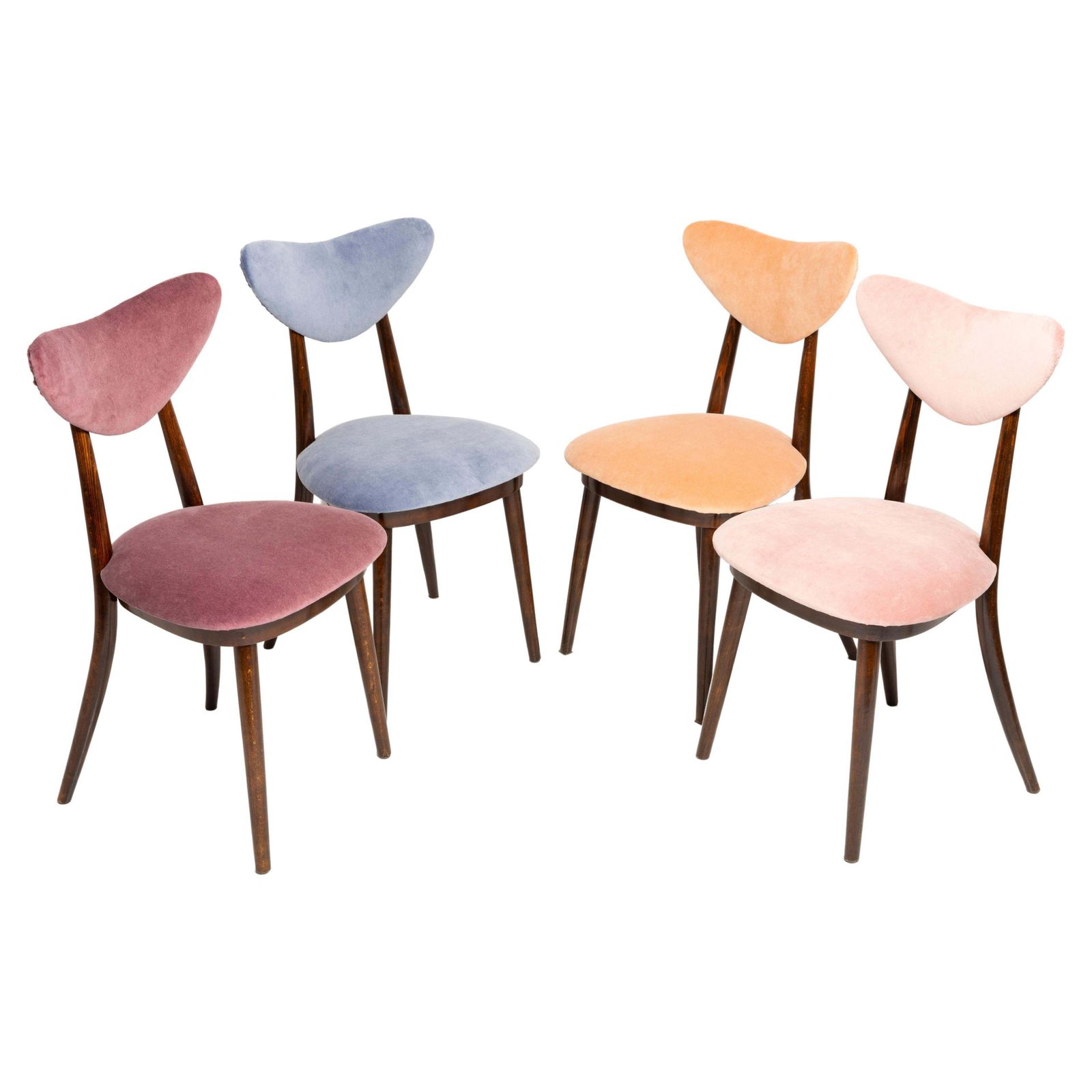 Set Of Four Heart Chairs, Pink Orange Burgundy And Violet Velvet, Europe, 1960s