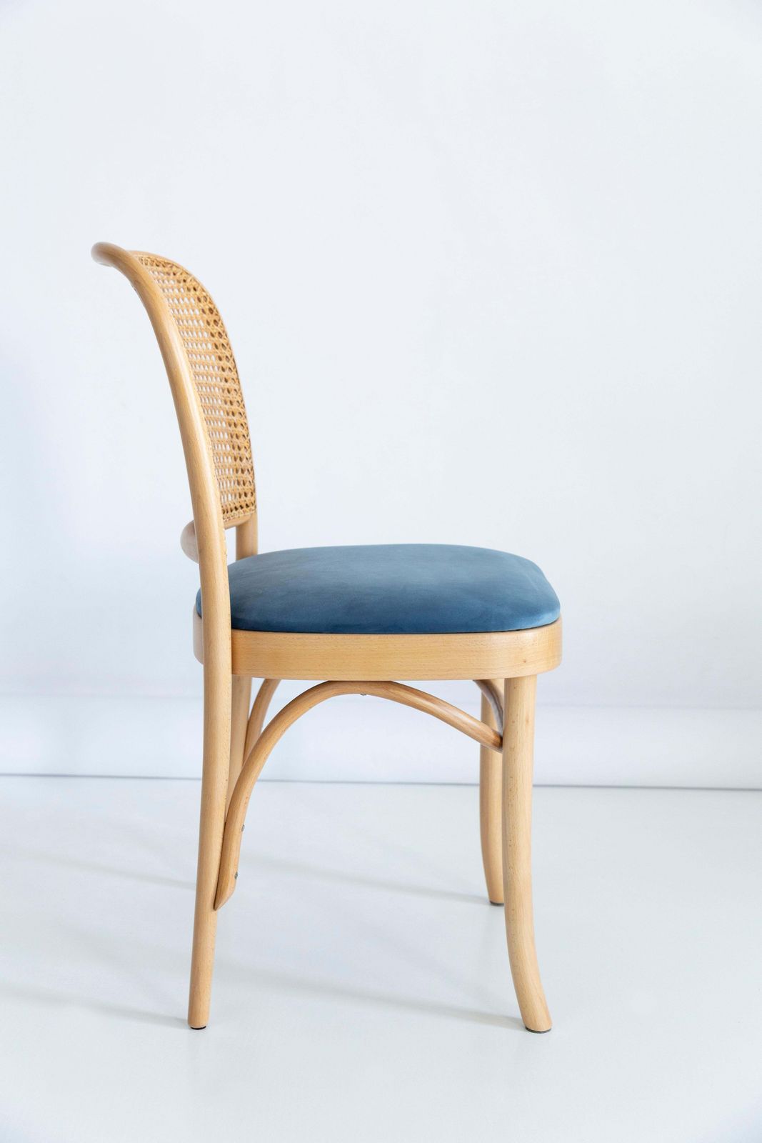 Set Of Four Blue Velvet Thonet Wood Rattan Chairs, 1960s photo vintage