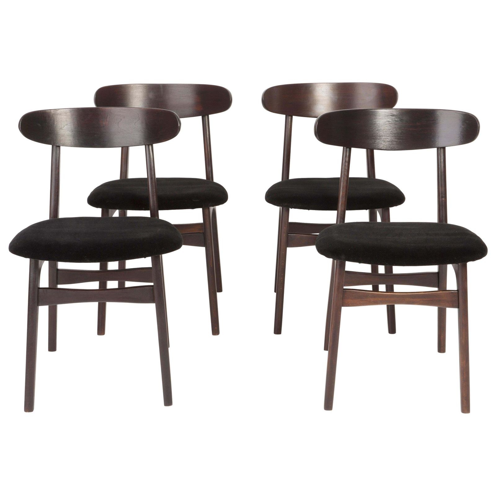 Set Of Four Mid Century Black Velvet Chairs, 1960s