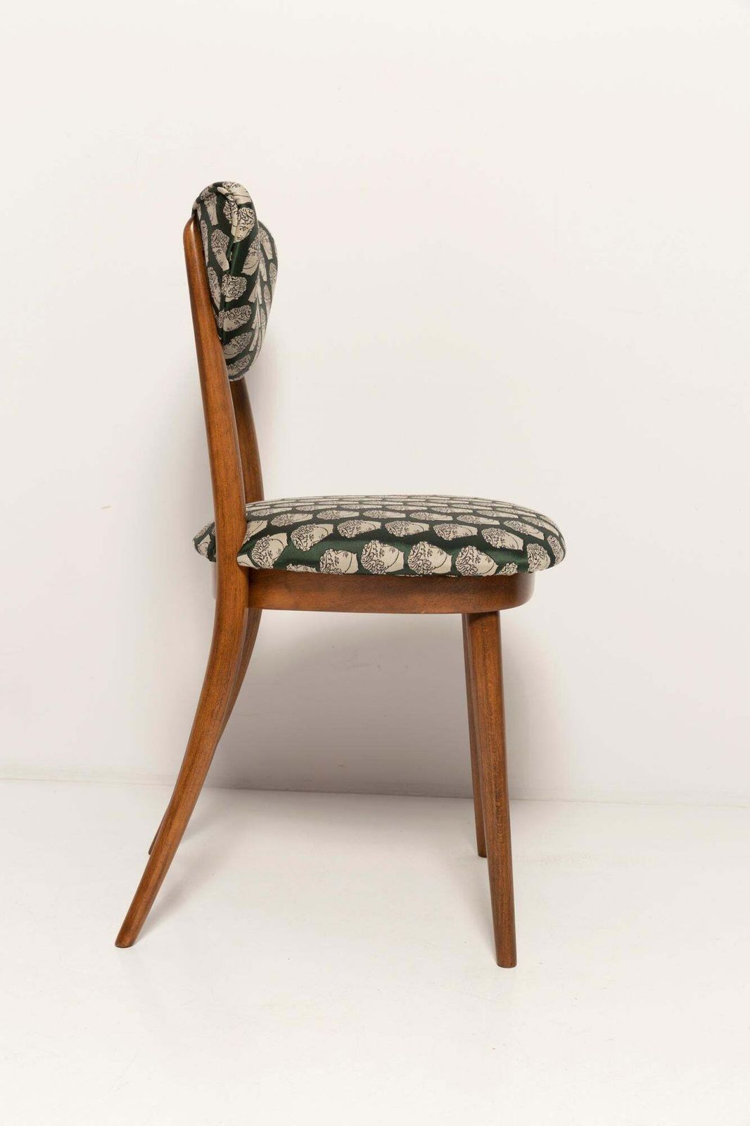 photo furniture Midcentury David Print Emerald Satin, Walnut Wood Heart Chair, Europe, 1960s